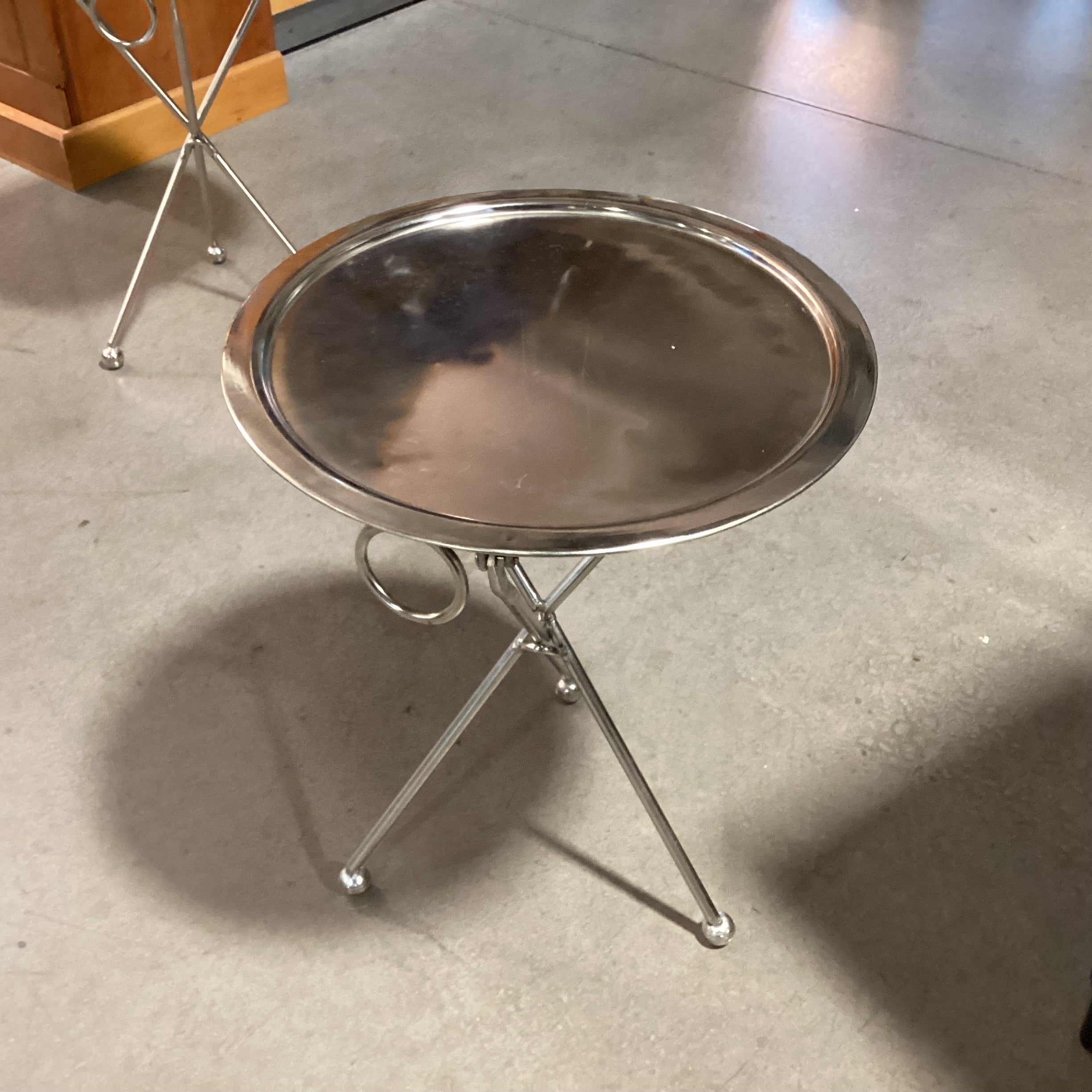 Vintage Folding Silver Plated Tripod Tray Accent Table 18" Diameter x 24"