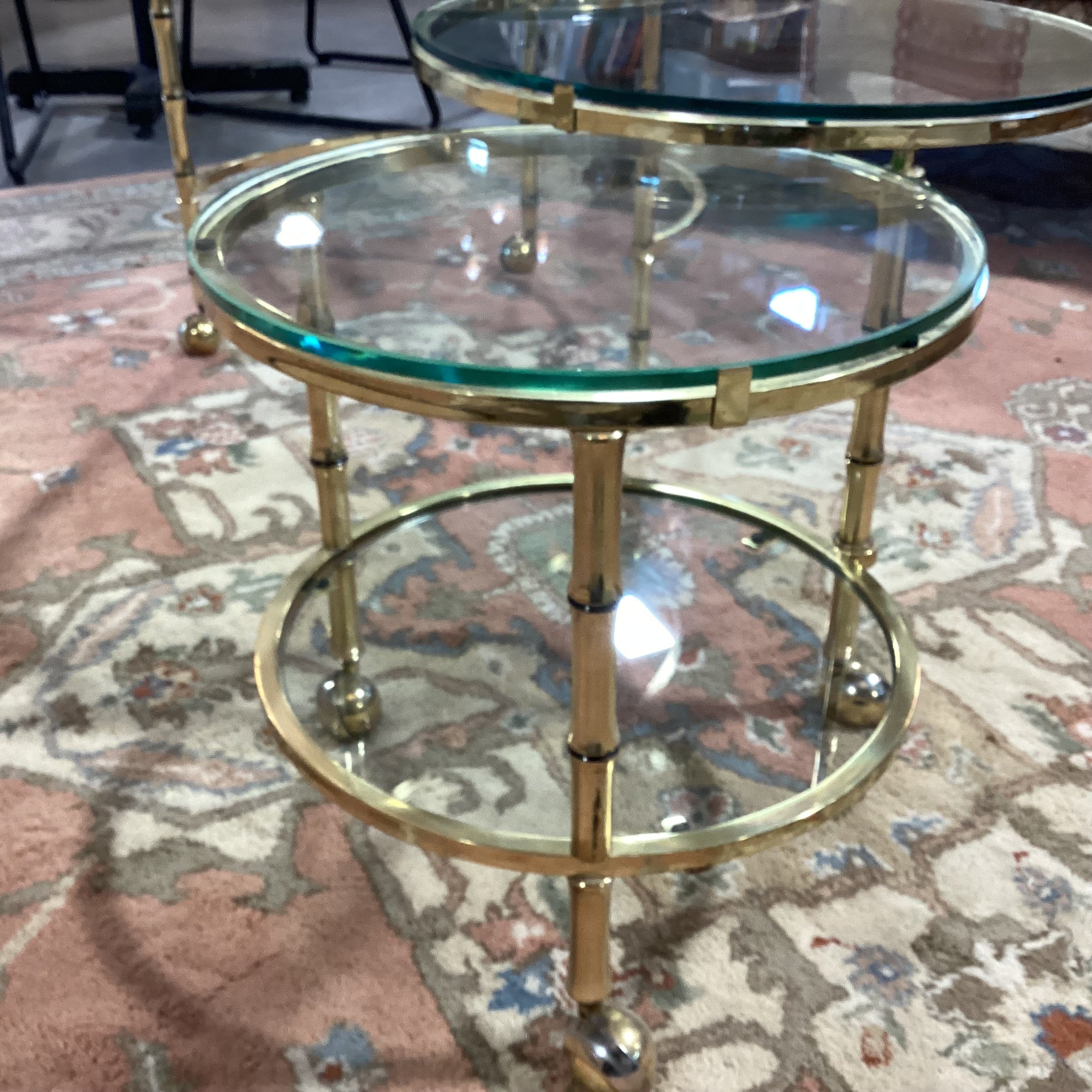 Vintage Mid Century Brass Bamboo Style & Glass Rounds on Casters Fold in Expandable Coffee Table 25" to 56"x 22"x 18"