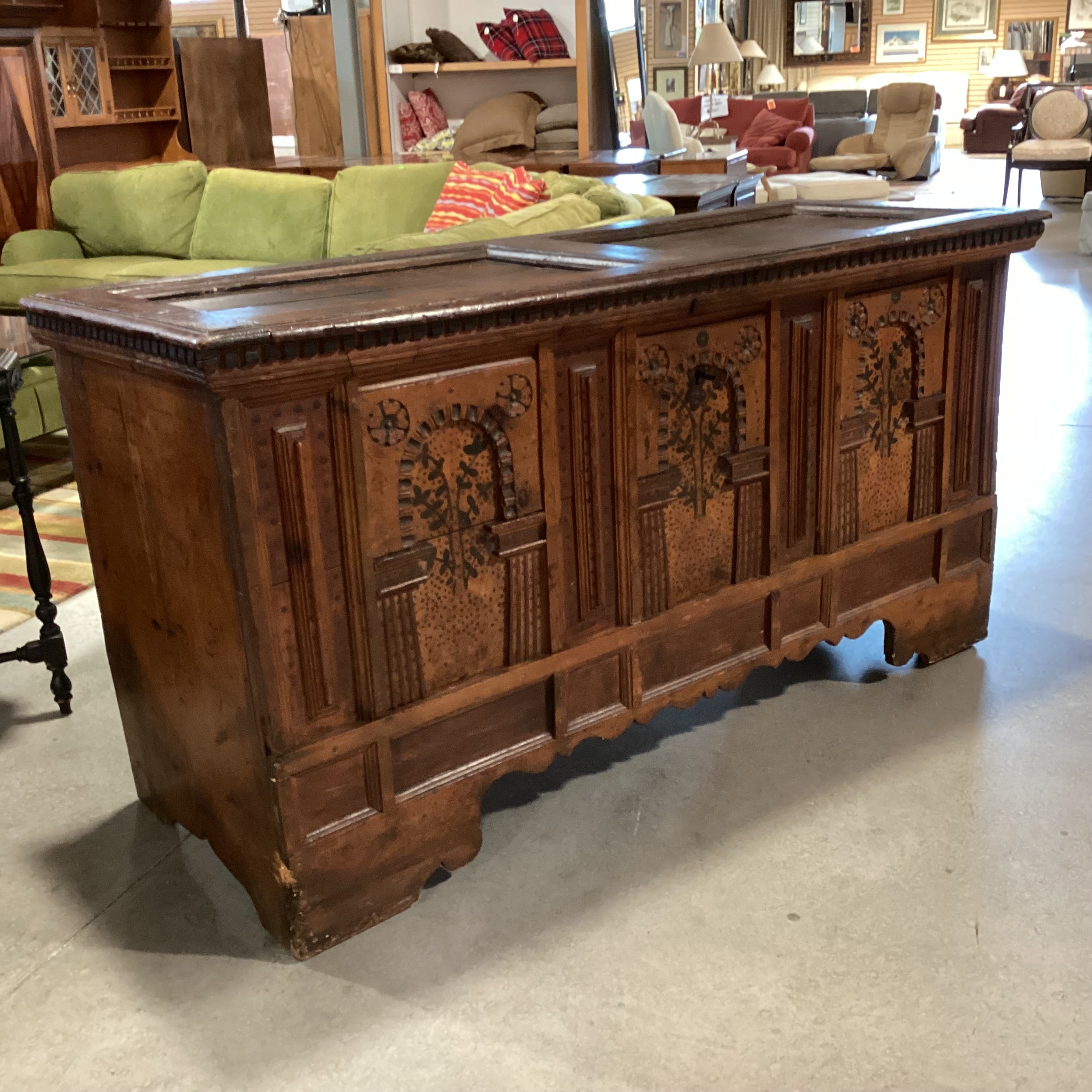 Antique 18th Century European Carved Wood Floral Panels Dental Detail Chest Trunk 70"x 27"x 36.5"