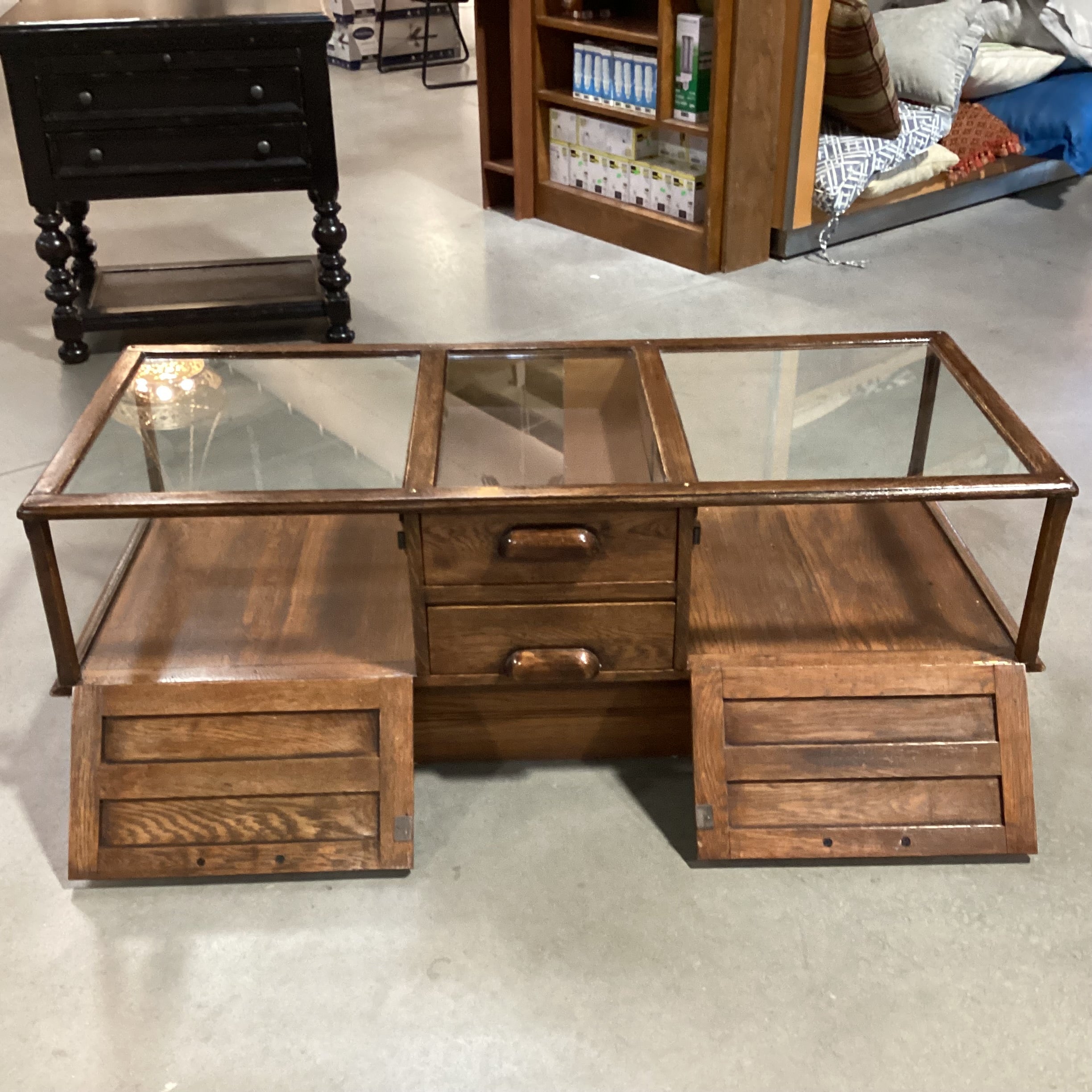 Vintage Distressed Finish Wood & Glass 2 Drawer 2 Fold Down Doors Display Coffee Table 52.5"x 22.5"x 19"