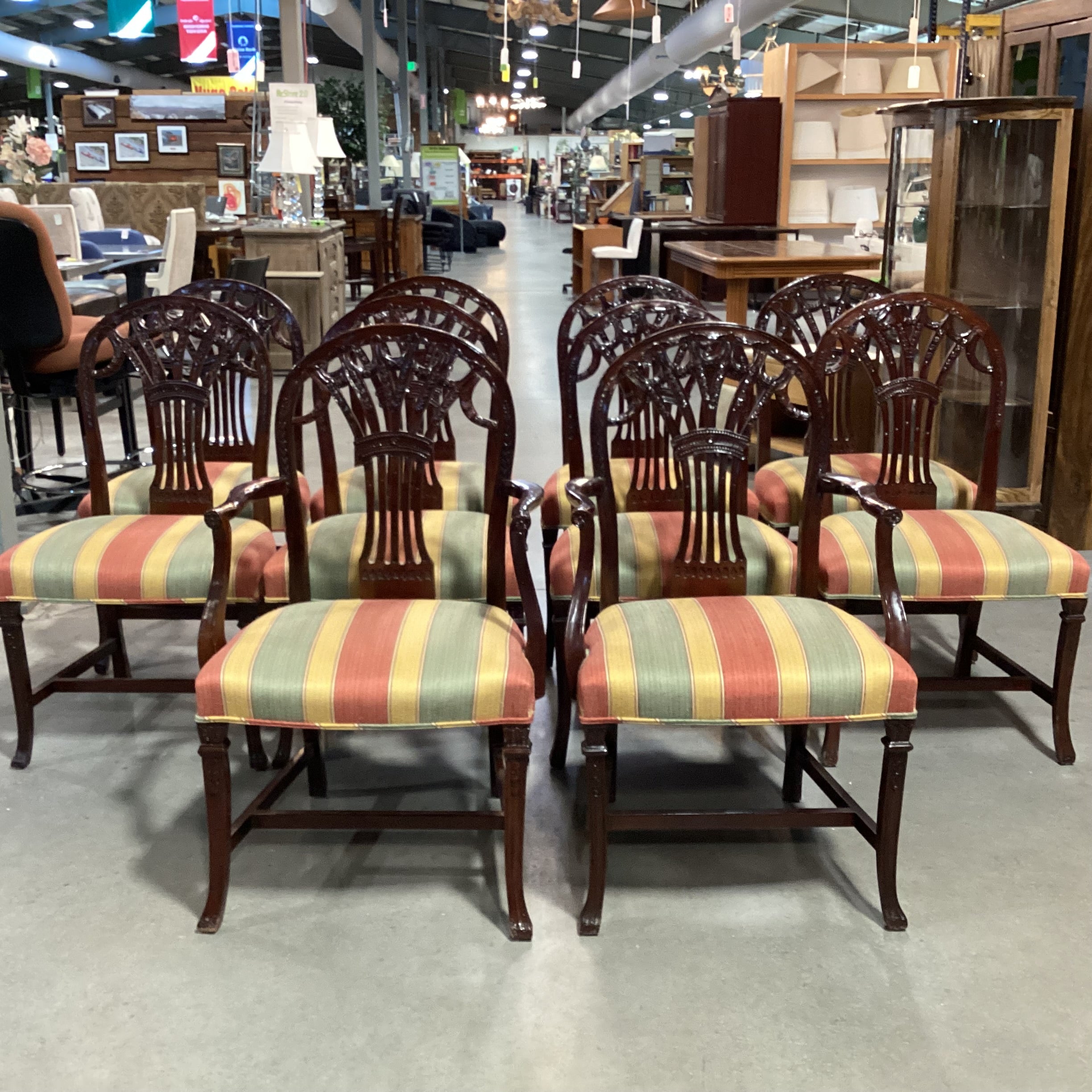 SET of 10 Ornate Carved Finished Wood & Gold Burnt Orange Sage Woven Stripe Dining Chairs 22"x 22"x 39"