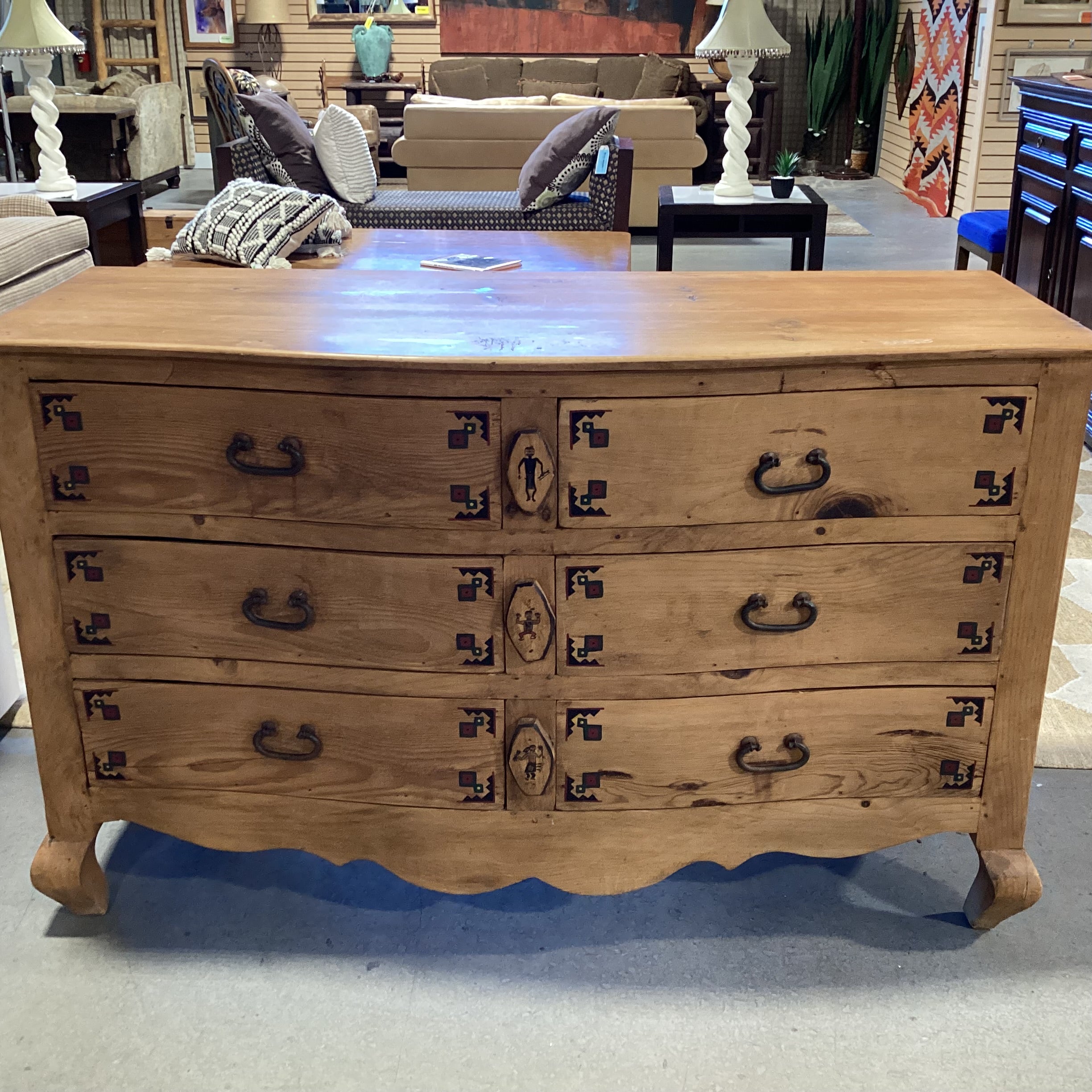 Custom Southwest Hand Painted Solid Natural Carved Wood 6 Drawer Dresser 57.5"x 23"x 35.5"