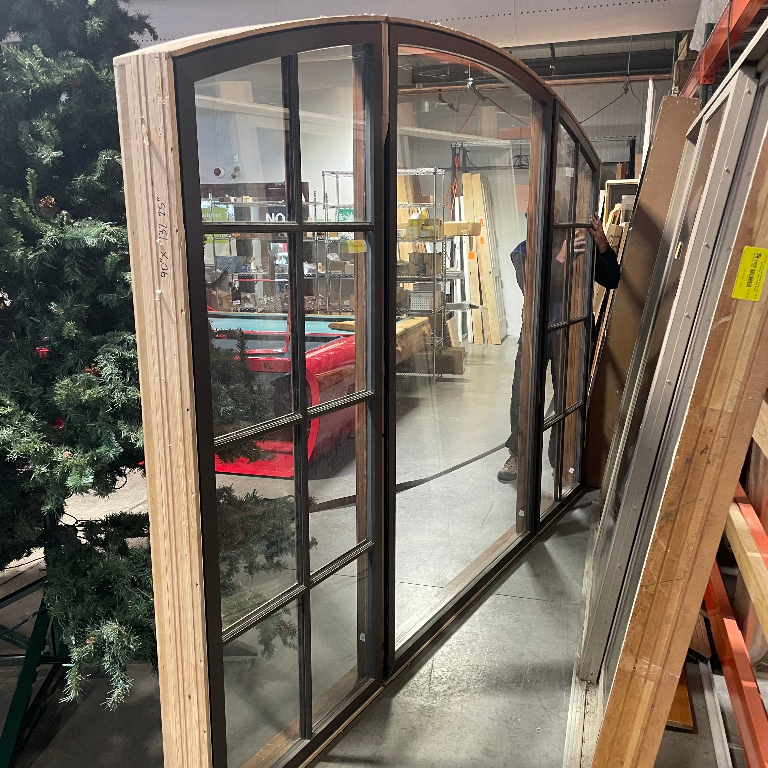 132.25"x 90" Arched Brown Metal Clad Fixed 3 Panel Exterior Window