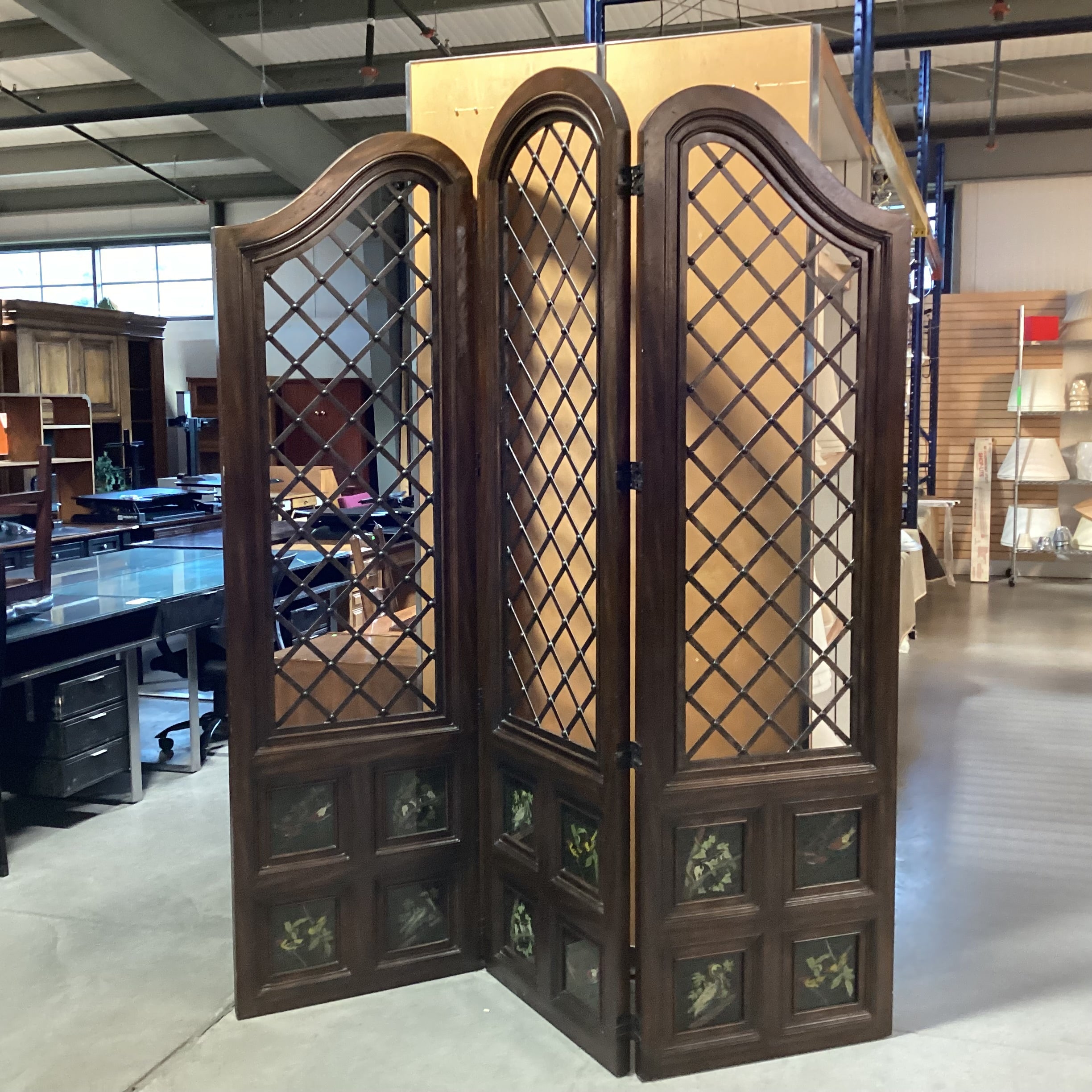 Maitland Smith Carved Wood Metal Lattice & Bird Painted Glass Panes 3 Panel Room Divider 26"x 91.5" Per Panel