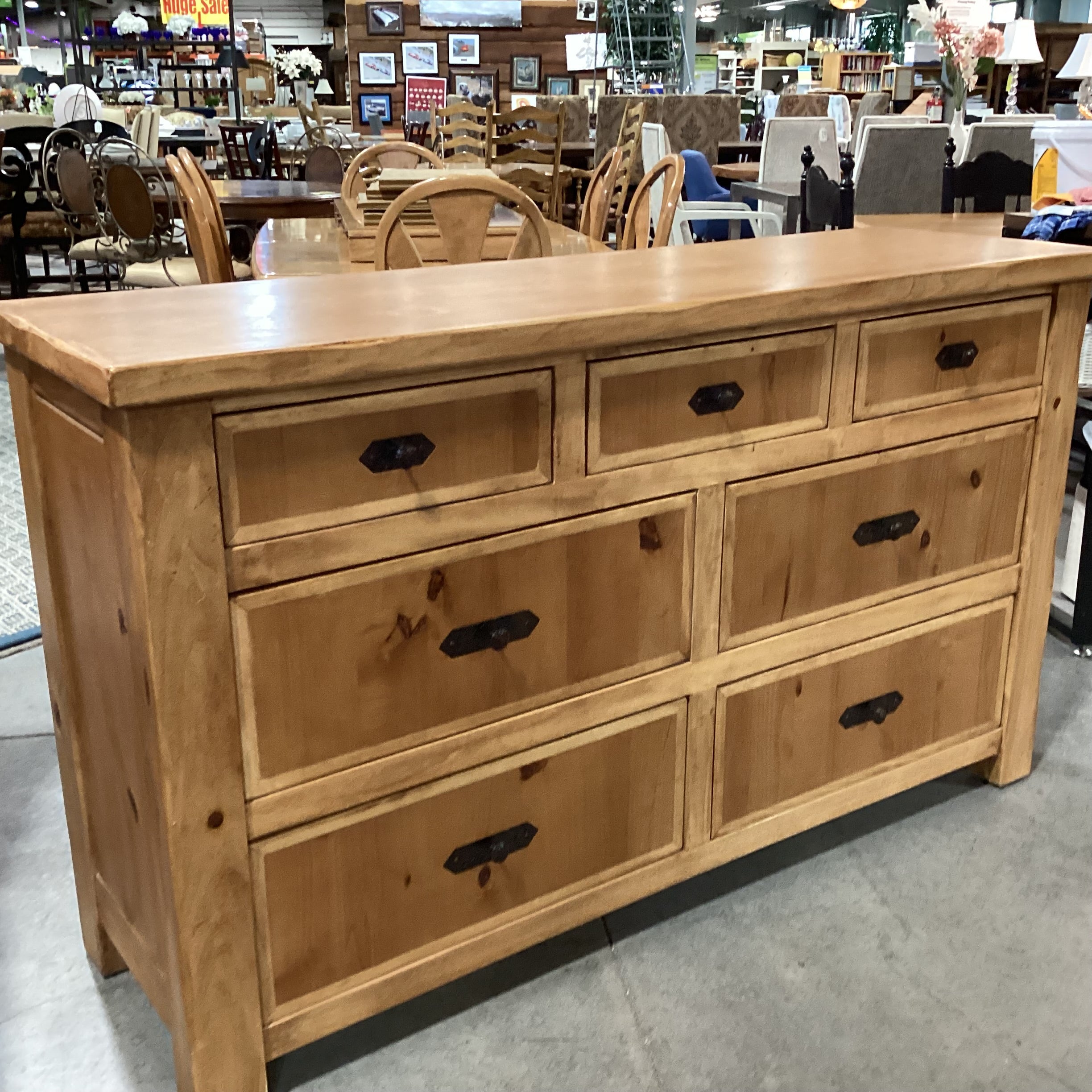 2 Tone Light Finish Solid Wood with Iron Accent 7 Drawer Dresser 64"x 19"x 38"