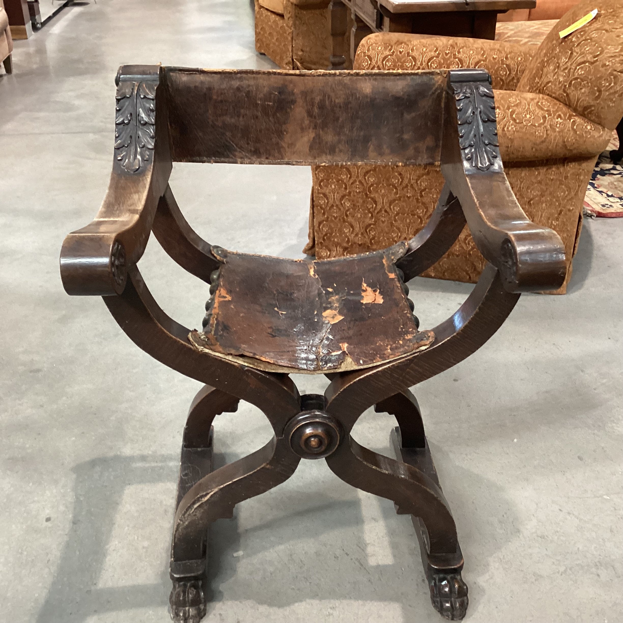 Antique Dantesque Carved Walnut & Leather Chair 27.5"x 20"x 35.5"