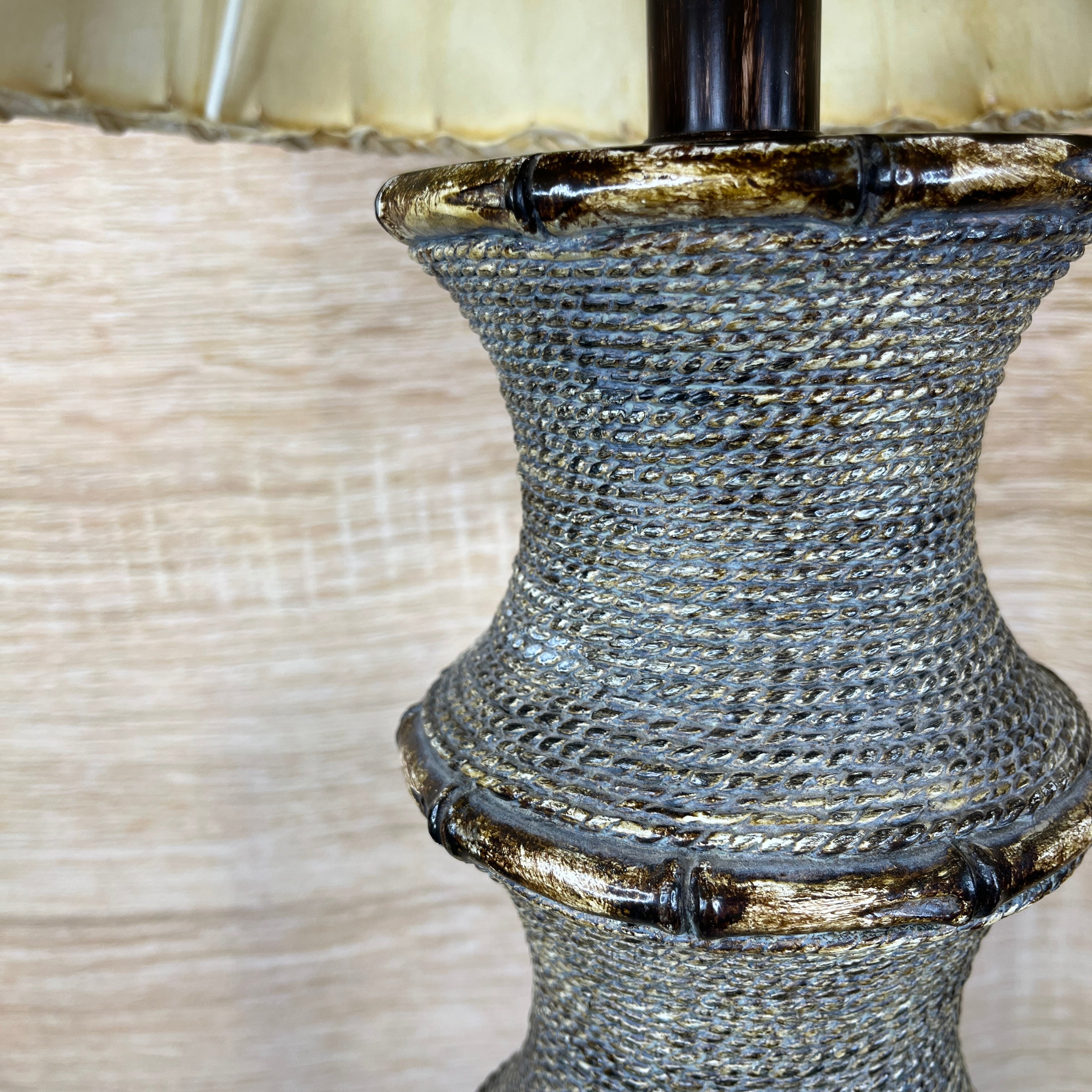 Faux Roped Bamboo Base with Raw Hyde with Leather Shade Table Lamp 16" Diameter @ Shade x 35"