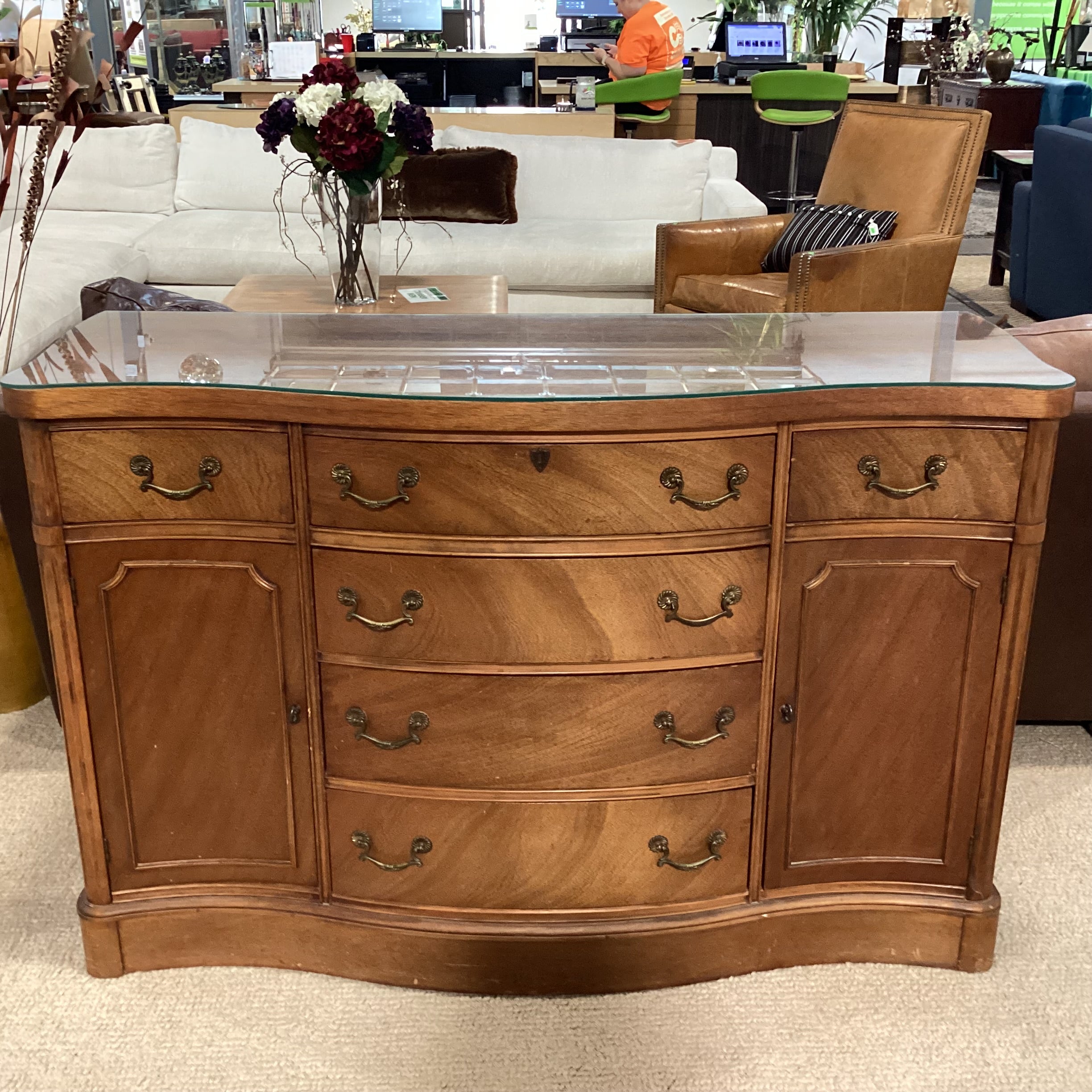 Antique Carved Wood with Molding Detail & Glass Top 2 Door 6 Drawer Sideboard 54"x 21"x 36"