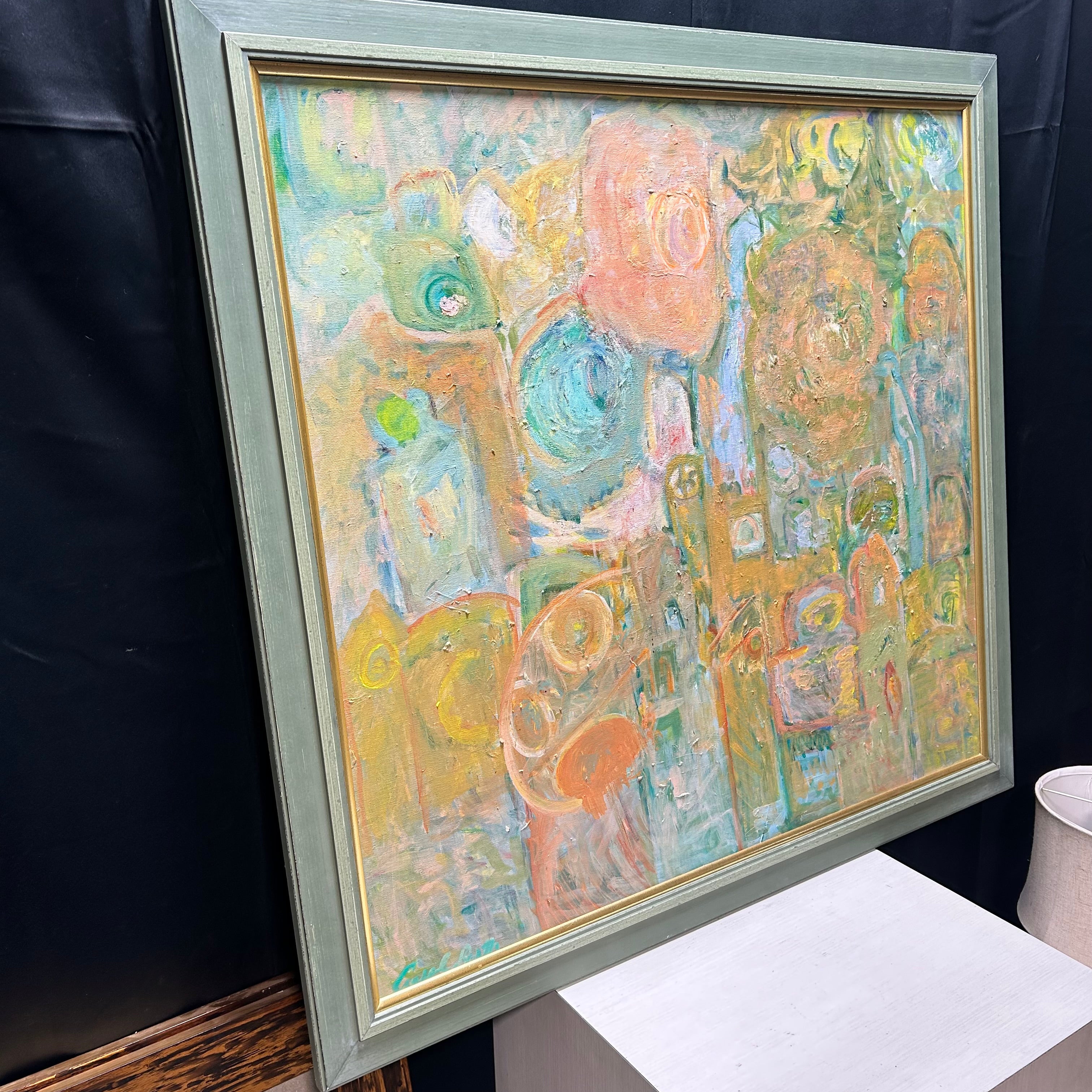Carol Ruth Abstract On Canvas With Green Frame & Gold Trim  42"x 40"