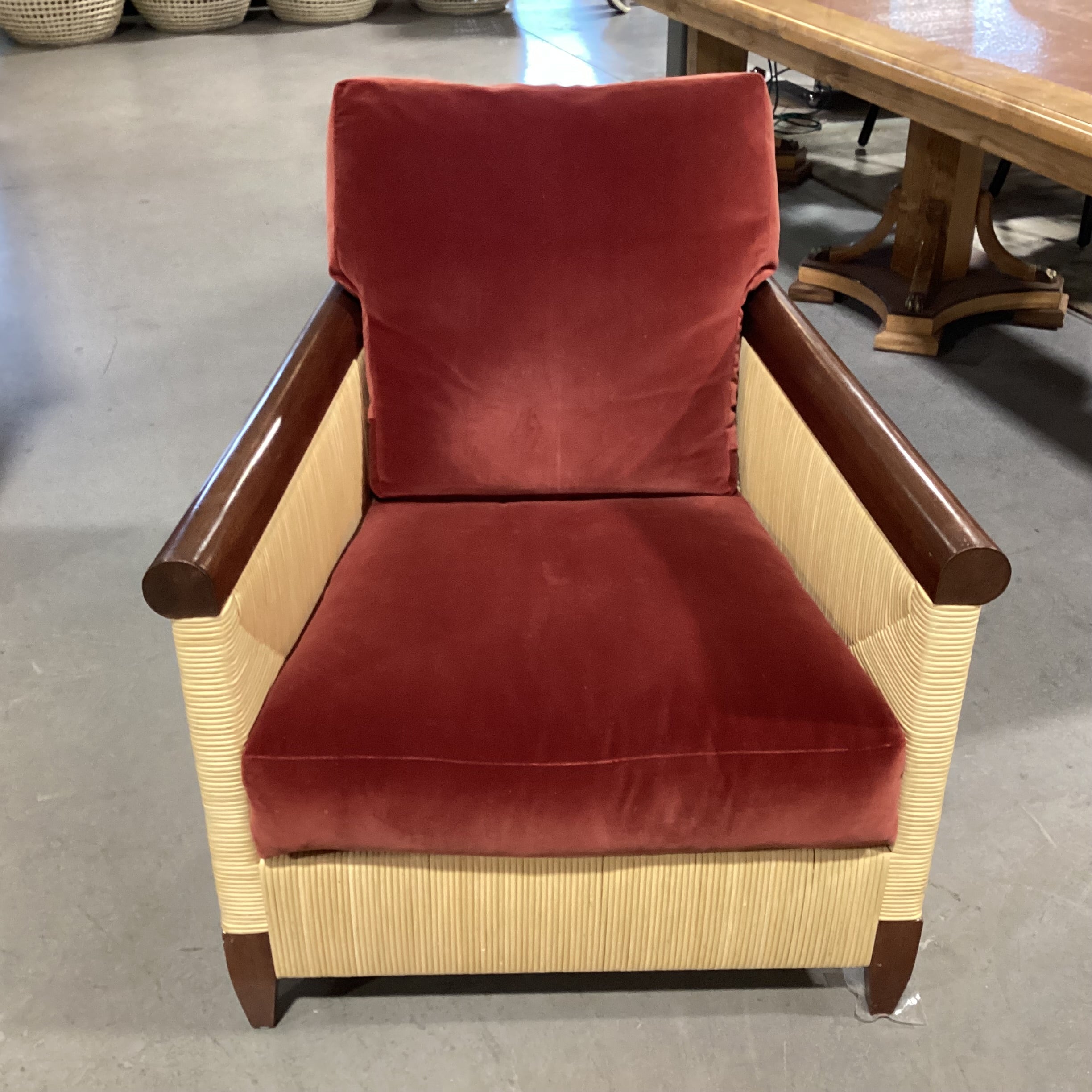 John Hutton For Donghia Merbau Collection Mahogany & Rattan with Rust Velvet & Down Cushions Chair 30"x 35"x 32"