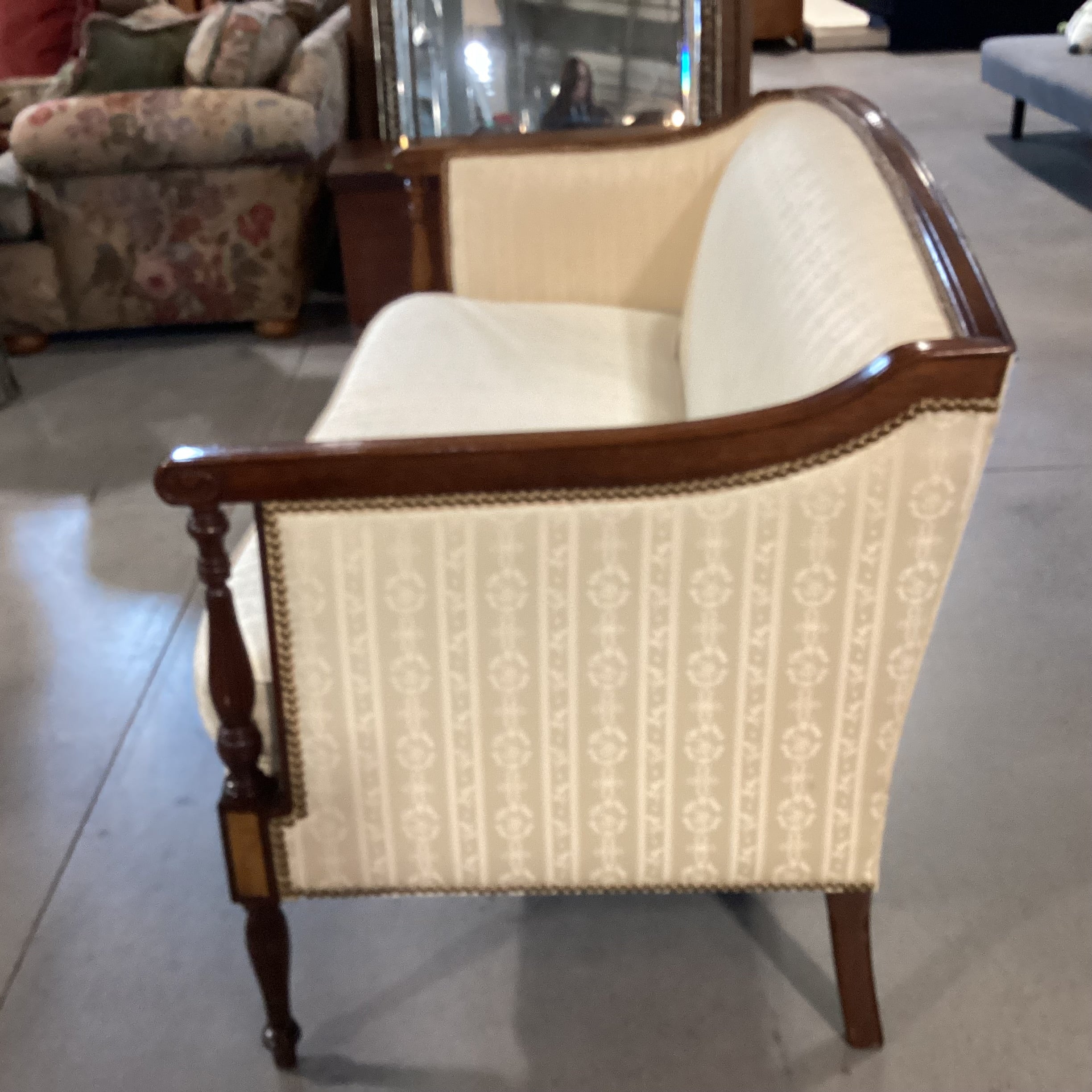 Hickory Chair Furniture Cream Ribbon with Nailhead & Carved Wood Loveseat Sofa 53"x 28"x 34"