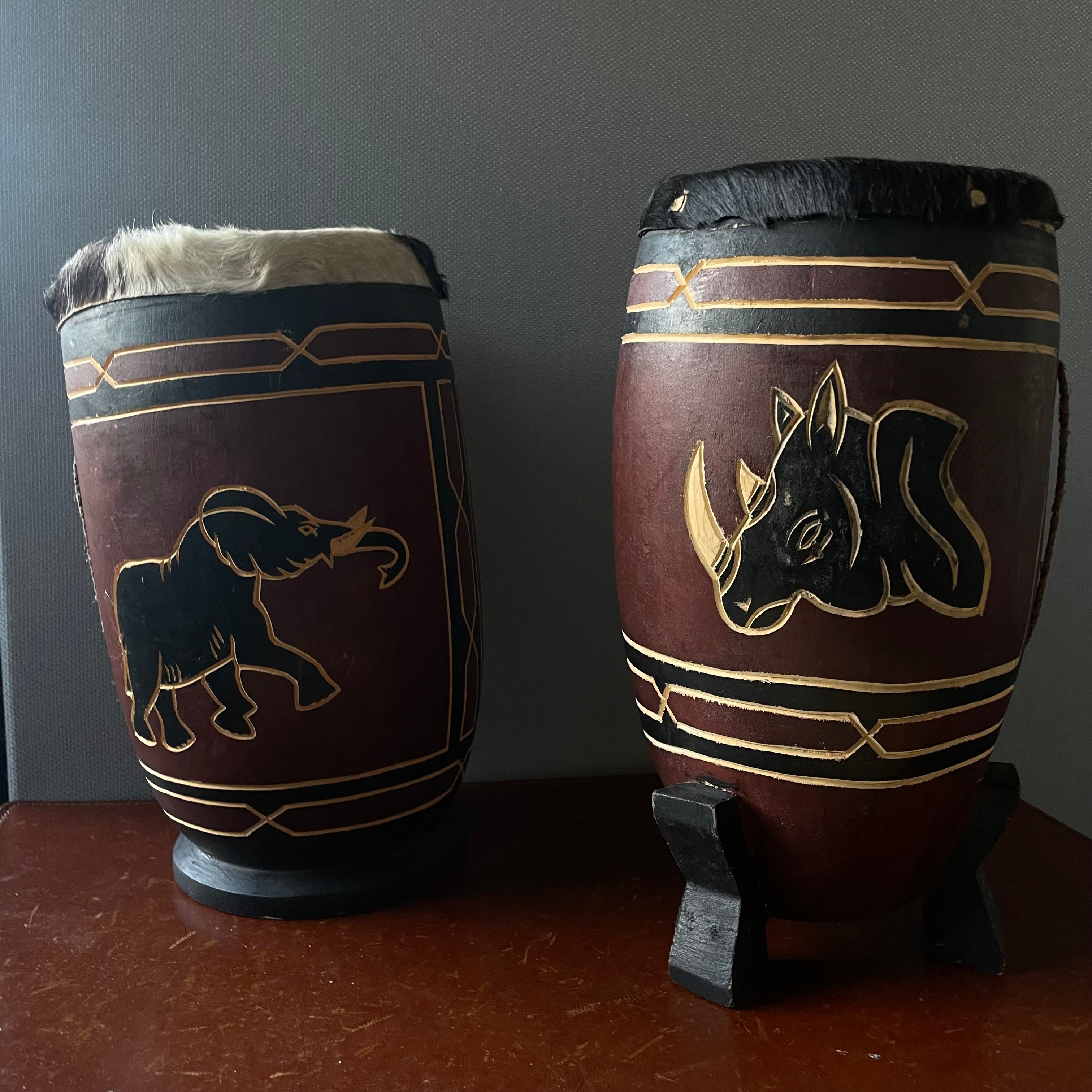 Set of 2 Handcrafted African Hide Covered Elephant and Rhino Drums