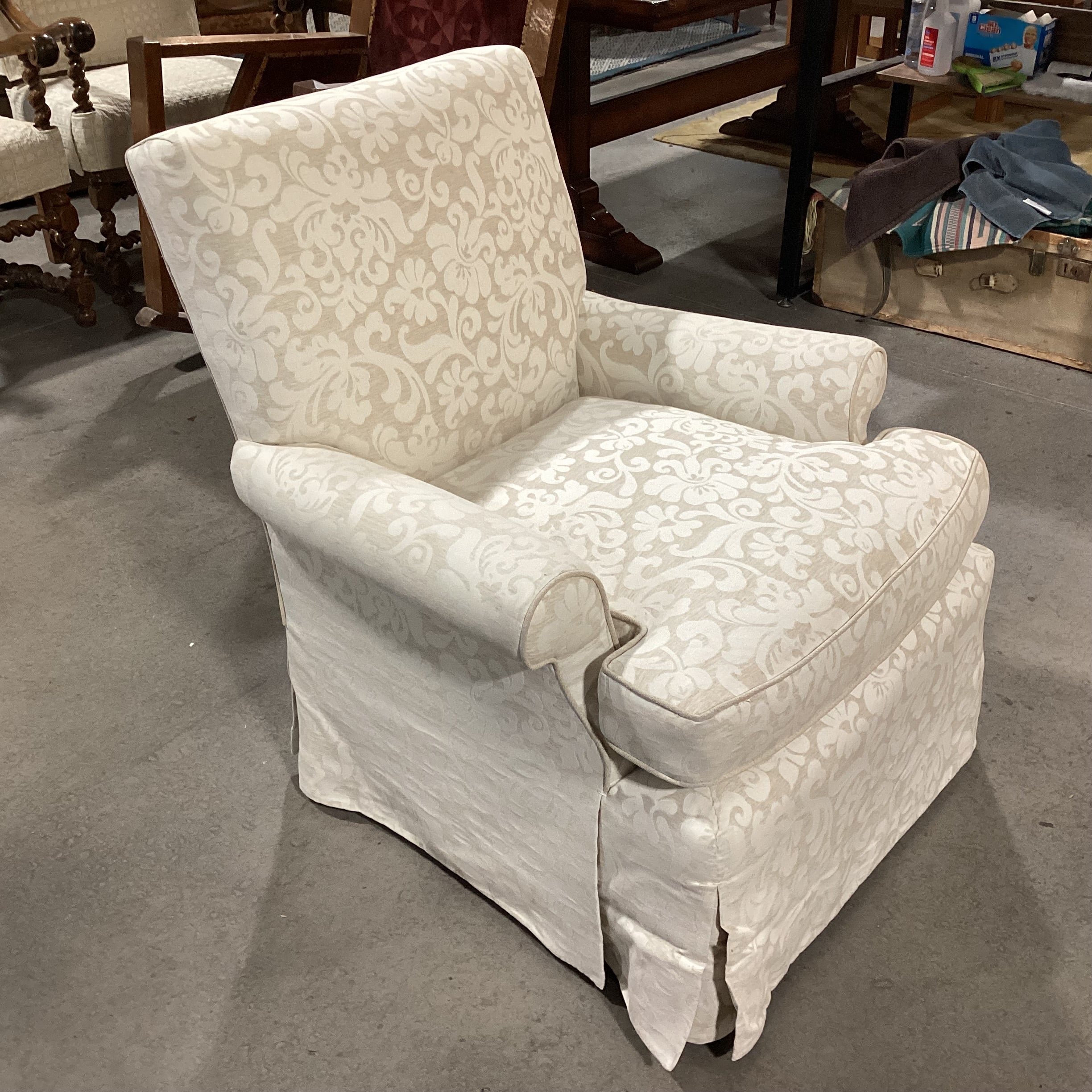 Custom Ivory Cream Linen Raised Scroll Floral Chair 32"x 34"x 35"