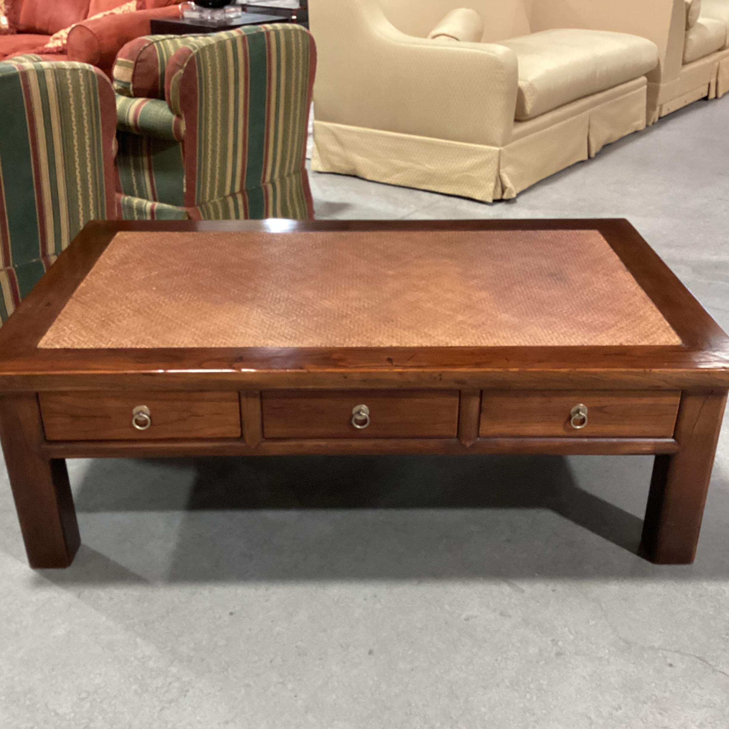 Distressed Finish Carved Wood & Wicker Raffia Woven Inset Top 6 Drawer Coffee Table 55"x 33.5"x 18"