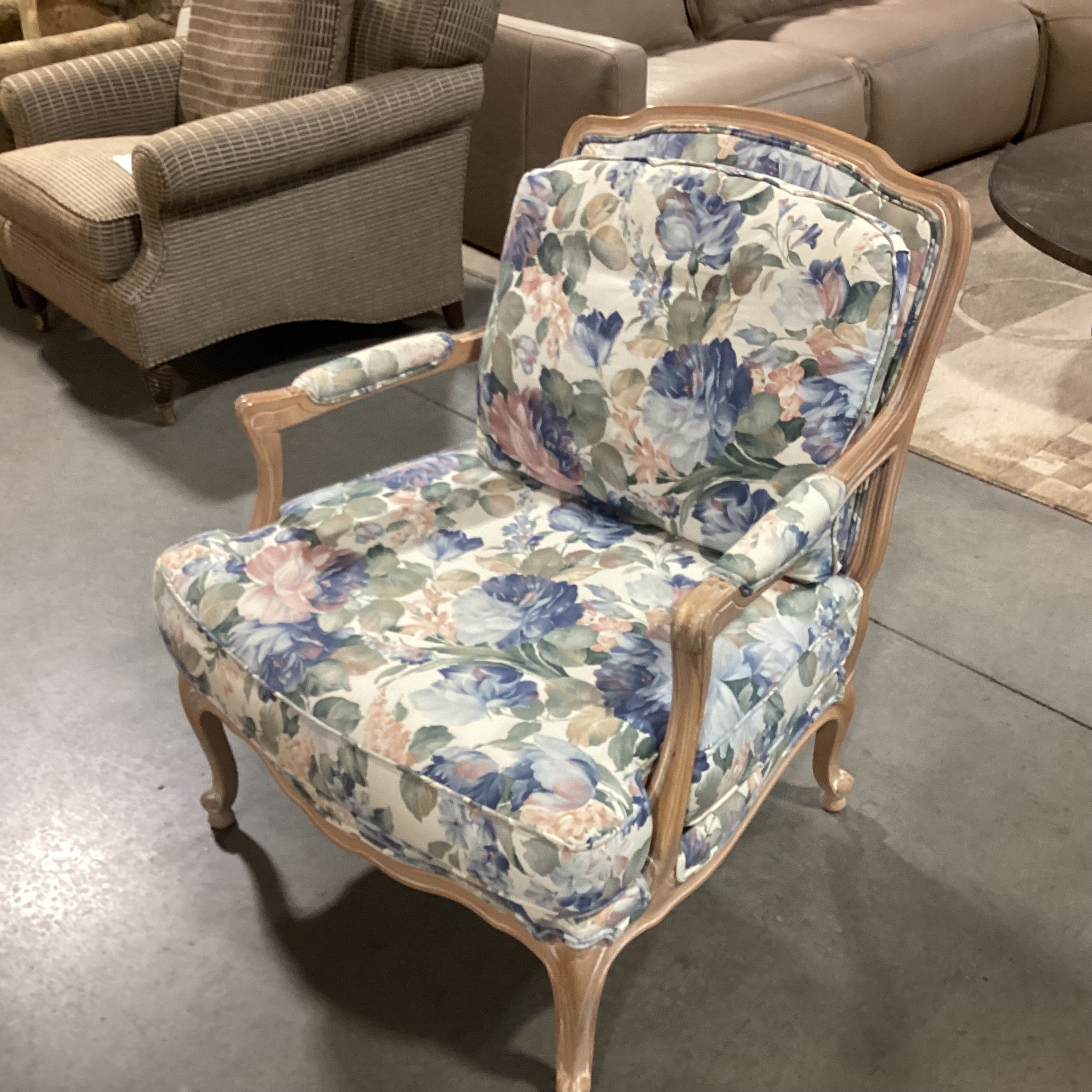 White Washed Carved Wood & Blue Floral Chair 30"x 32'x 35"