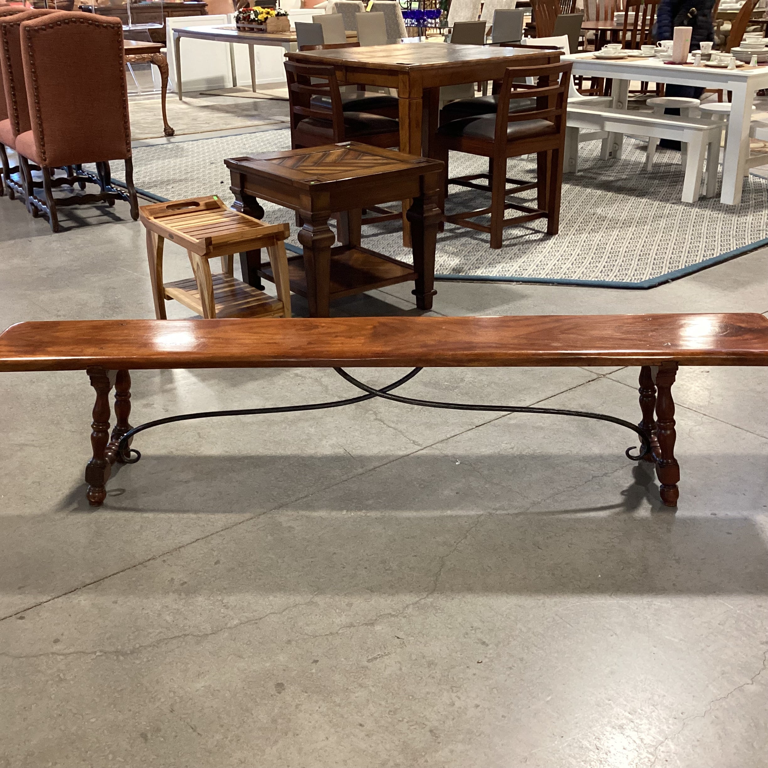 Finished Craved Wood with Iron Trestle Bench 84"x 12'x 18"