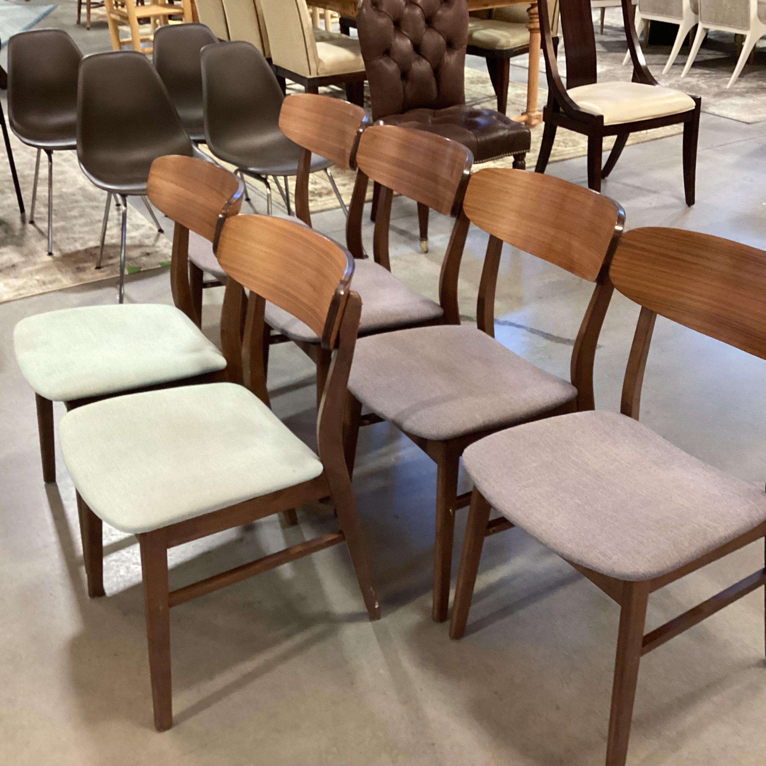 SET of 6 Mid Century Style Walnut Blue & Grey Seat Dining Chairs 18"x 18"x 30.5"