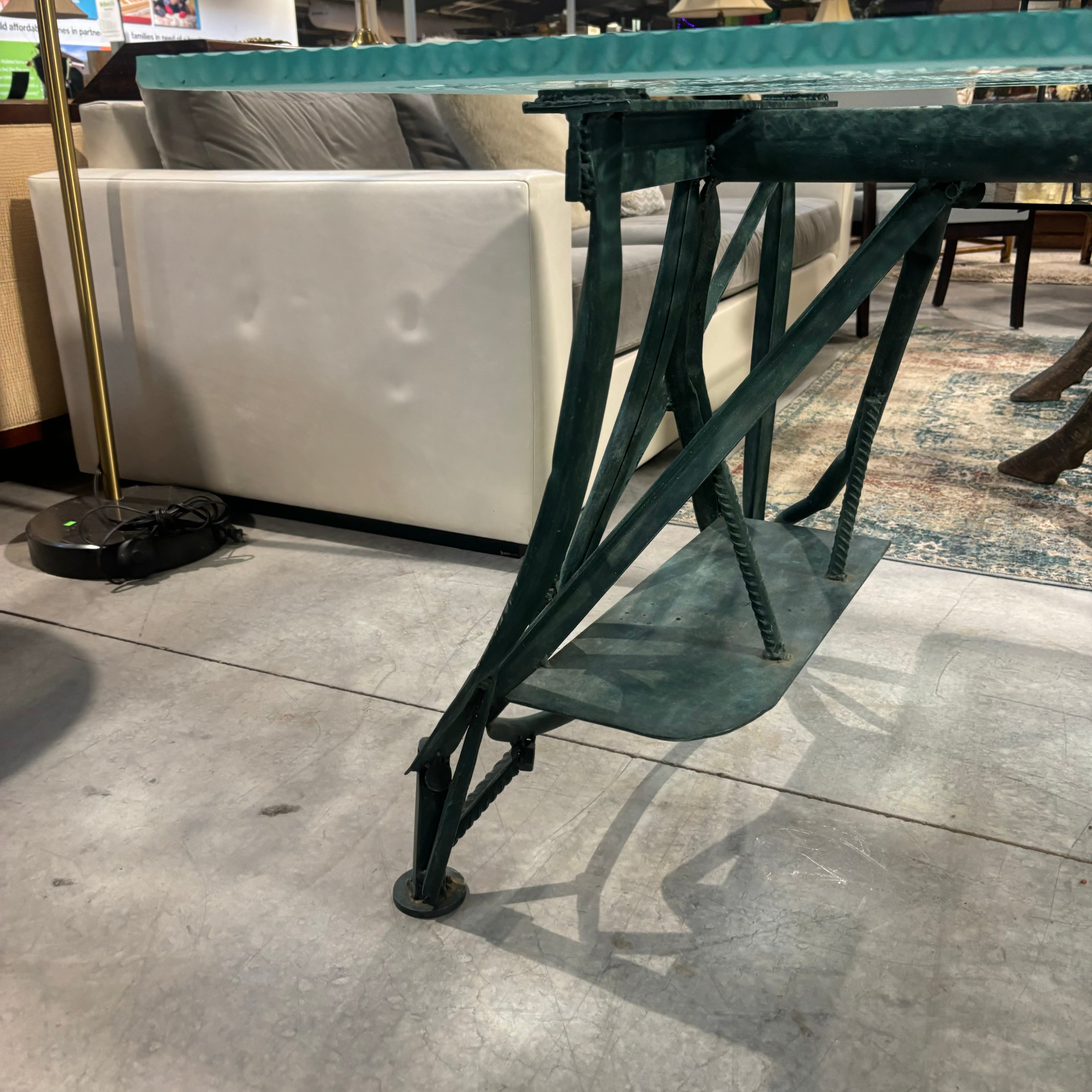 Marco De Gueltzl Patina Ornate Steel Base with Frosted Engraved Top Desk  60"x 40"x  30.5"