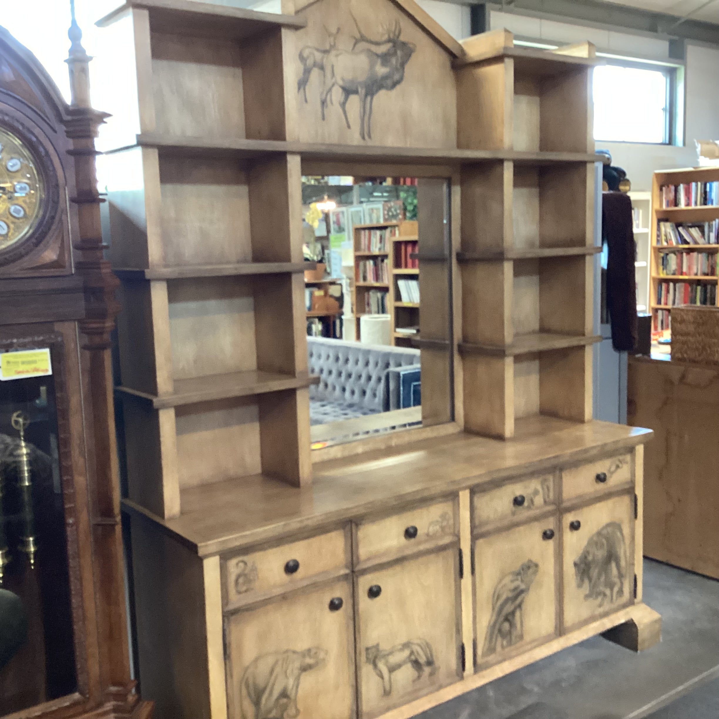 Custom Cabinetry Antiqued Wash with Forest Animals 2 Piece with Hutch Credenza 72"x 21"x 96"