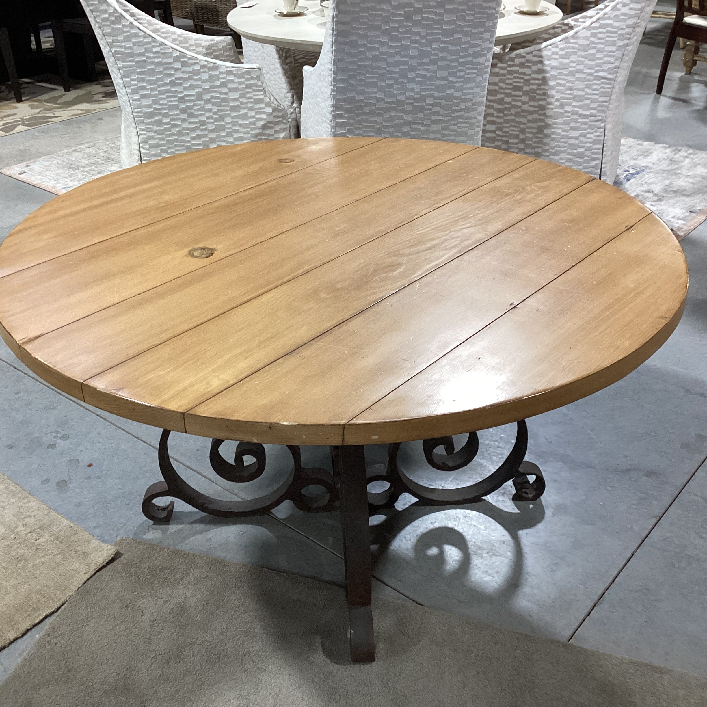 Round Pine Plank & Heavy Ornate Iron Dining Table 54" Diameter x 29.5"