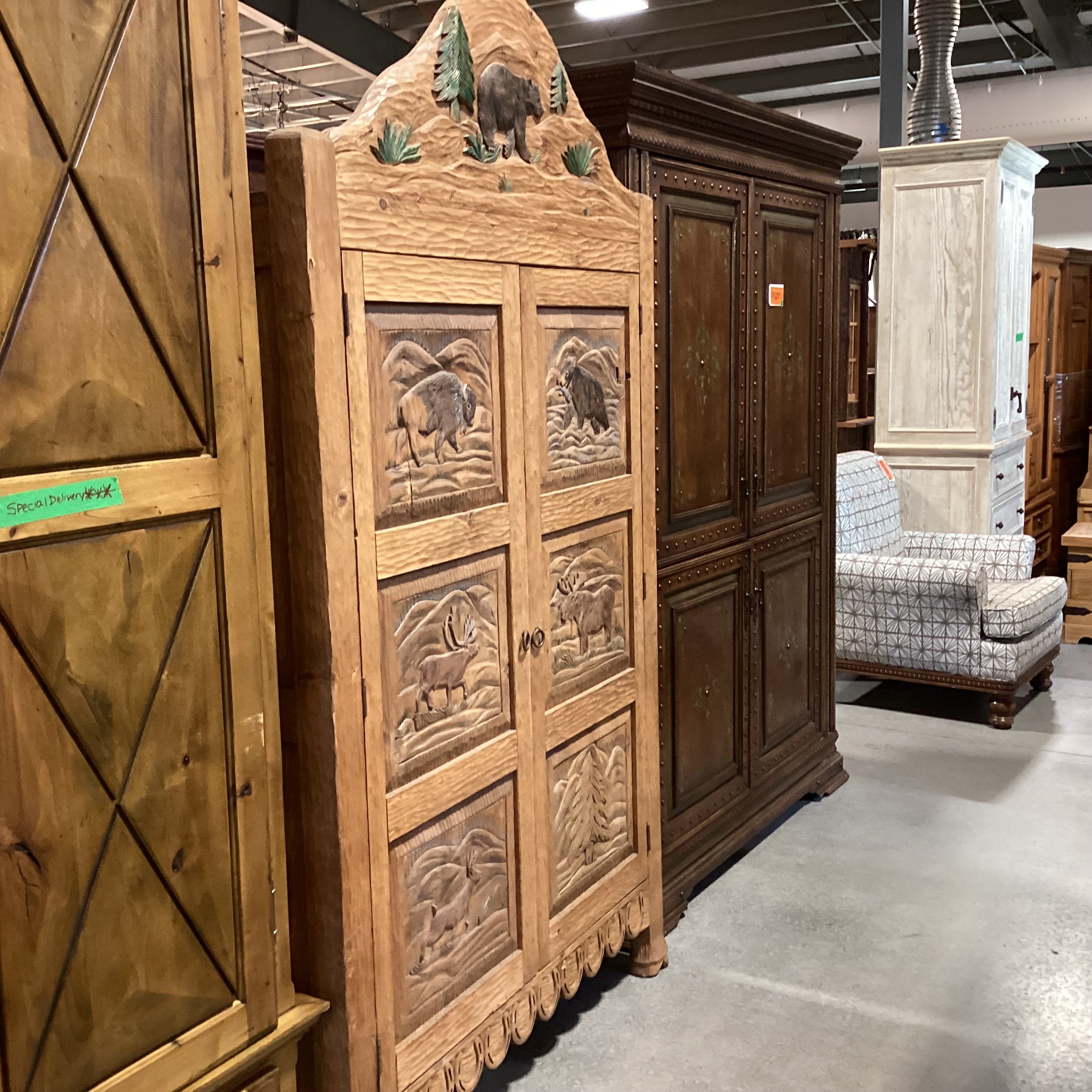 Rustic Hand Carved Bear Moose Elk Buffalo 2 Door with Shelves Armoire 48"x 26"x 84"