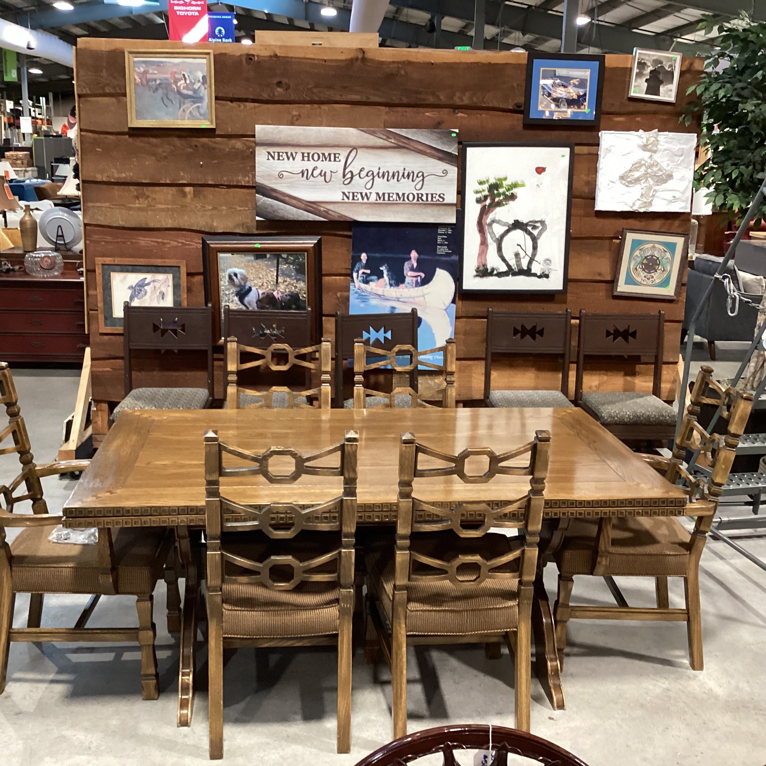 Vintage Antique Carved Oak with Trestle Table & 6 Chairs Dining Set 72"x 40"x 30"