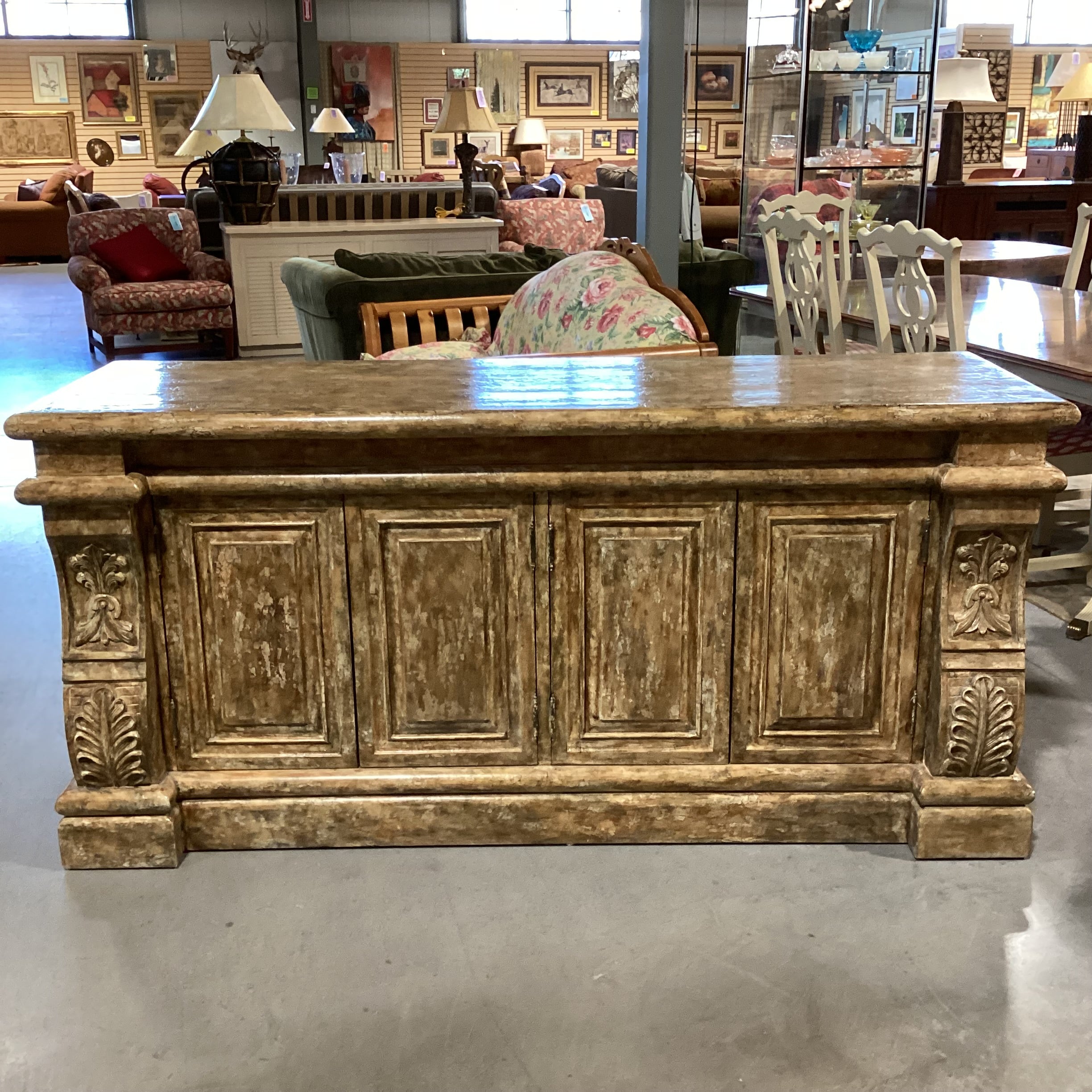 Golden Textured Distressed Finish Ornate Carved Wood 4 Door Credenza 72"x 22.5"x 34"