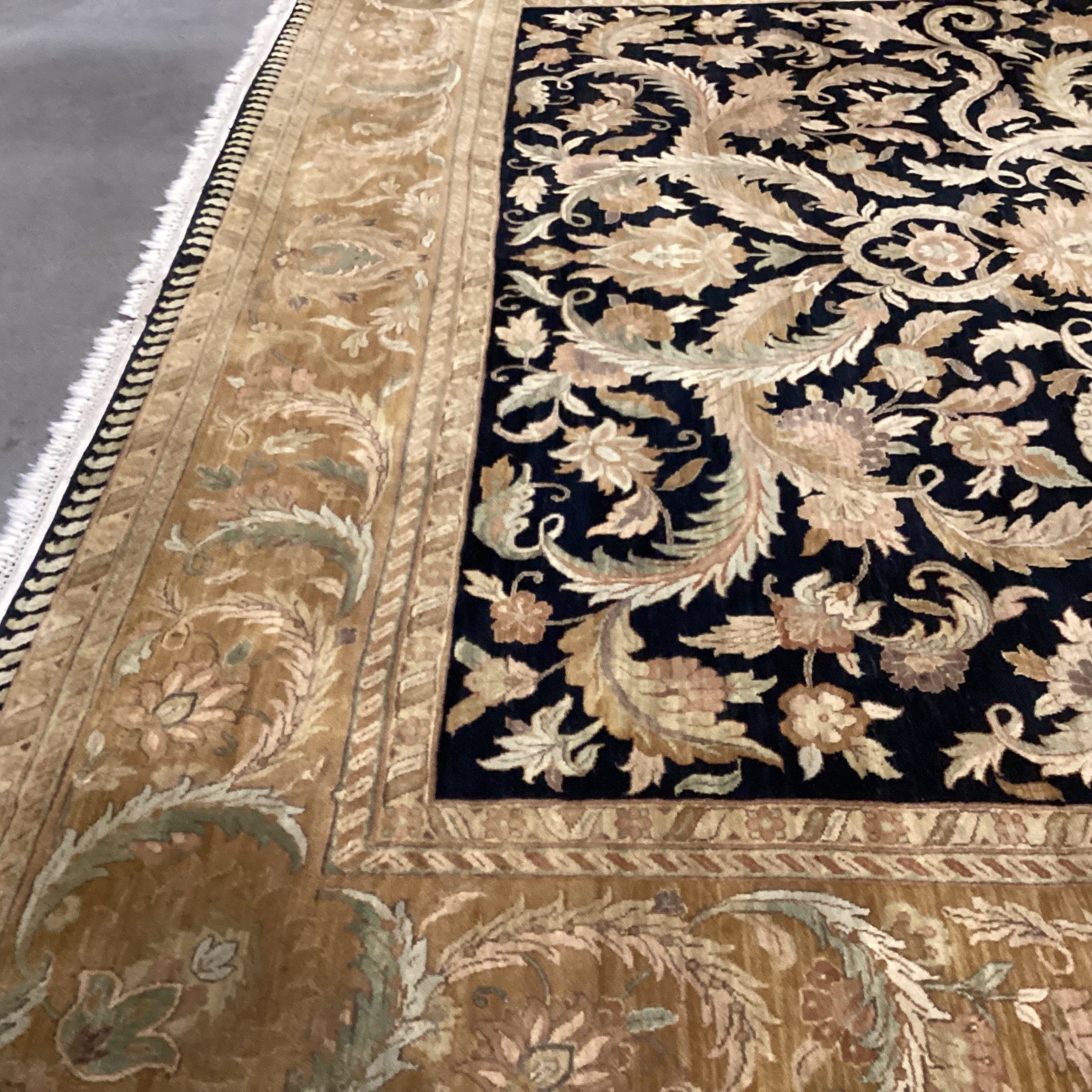 Gold & Black Floral with Border Had Woven Wool Rug 12'2"x 14'10"