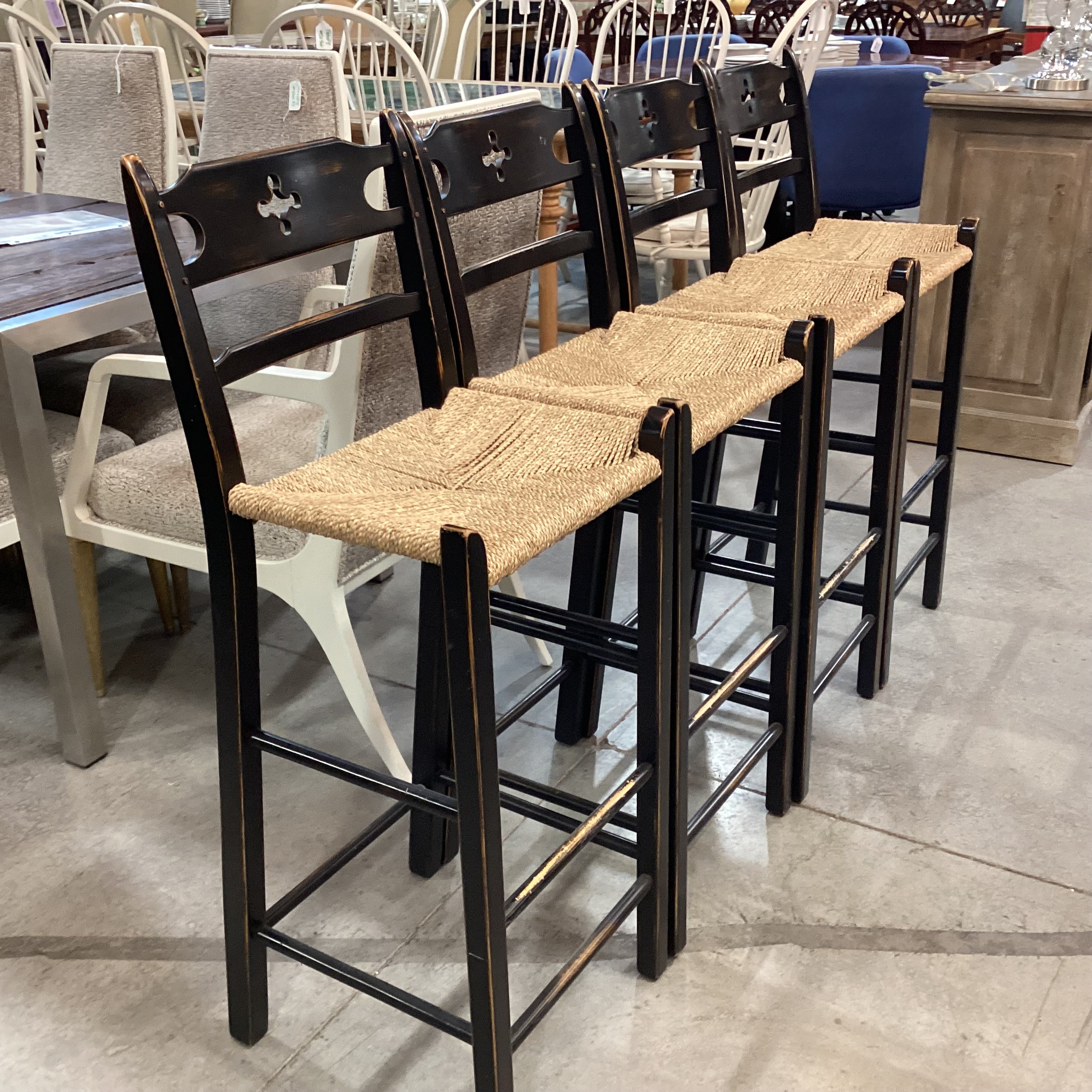 SET of 4 Wolf Diamond Point in Black Hand Sanded Maple Woven Seagrass Seat Barstools 30"