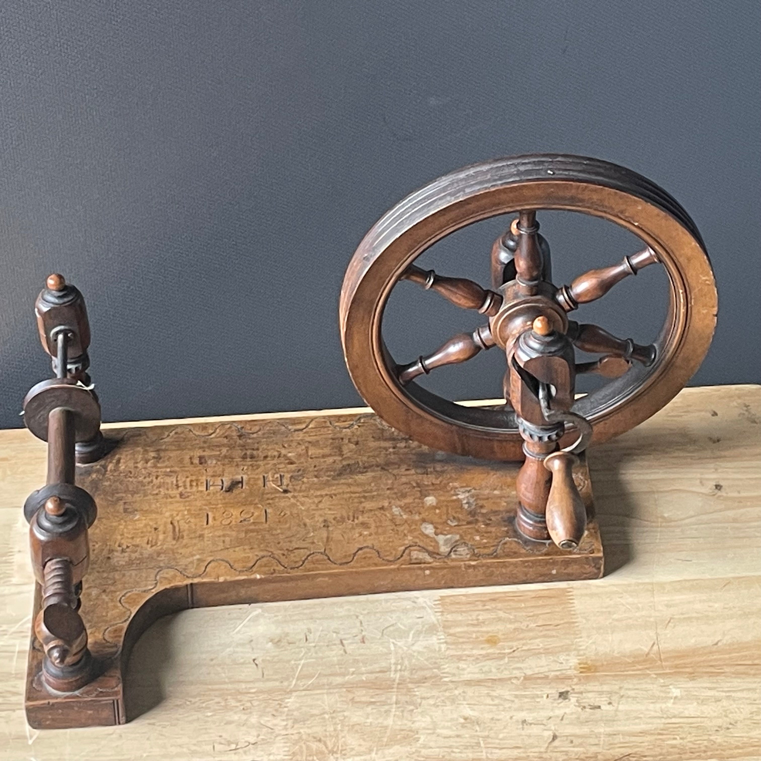 Antique 1821 Personalized Converted Wooden Tabletop Spinning Wheel, 16.5"x 9.25"x 10"