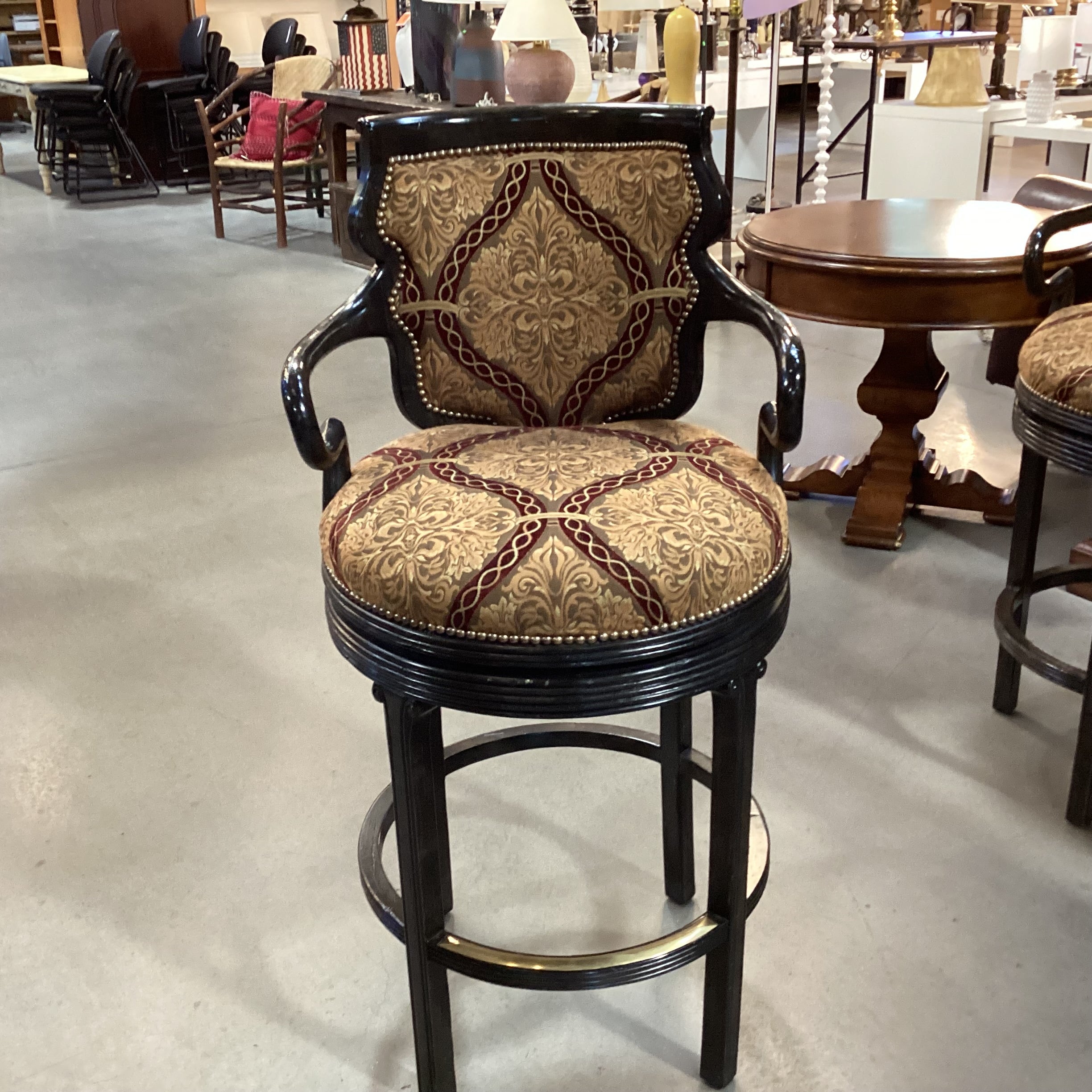 Ferguson Copeland Dark Distressed Carved Wood with Gold & Claret Upholstered Nailhead Swivel Barstool 31"