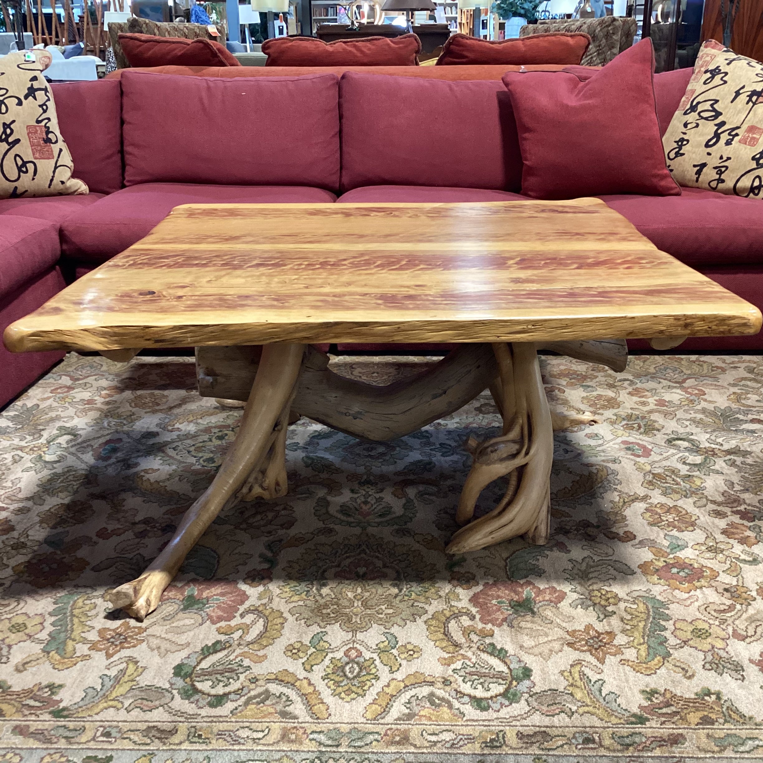 Hand Crafted Live Edge & Stump Trestle Coffee Table 44"x 44"x 20"