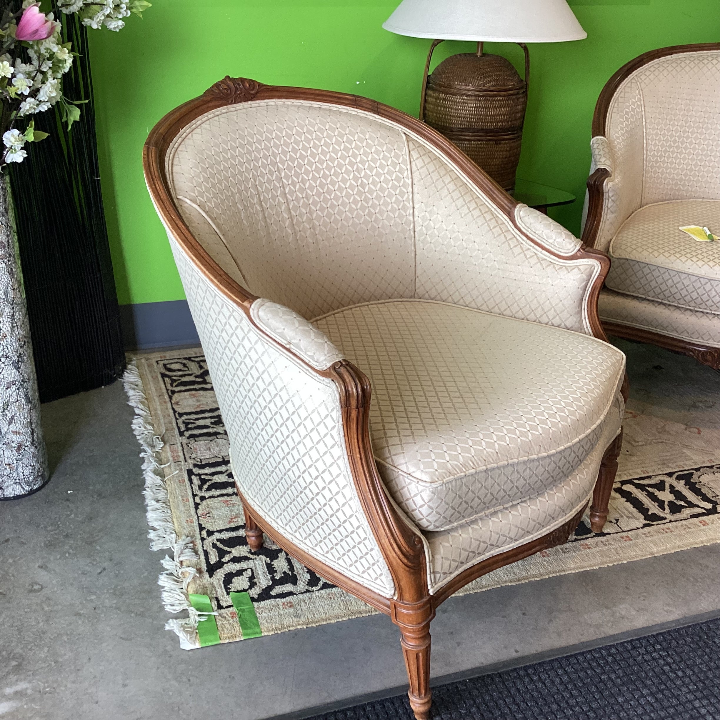 Antique Carved Oak & Golden Lattice Style Upholstery French Provincial Chair 32.5"x 34"x 38"