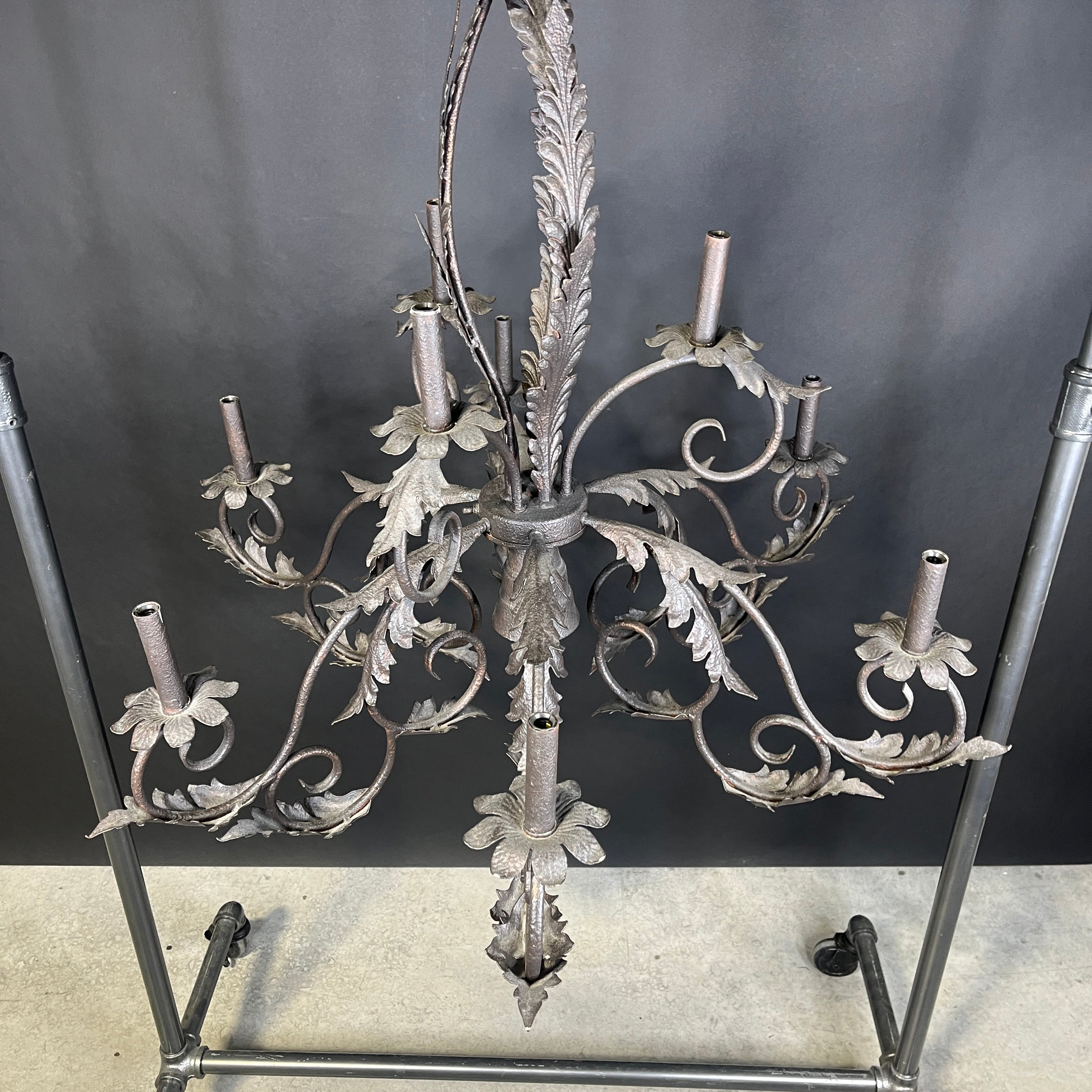 Gothic Style 10-Light Bronze Painted Metal Floral Leaf Chandelier 38” Diameter x 36” - 106”