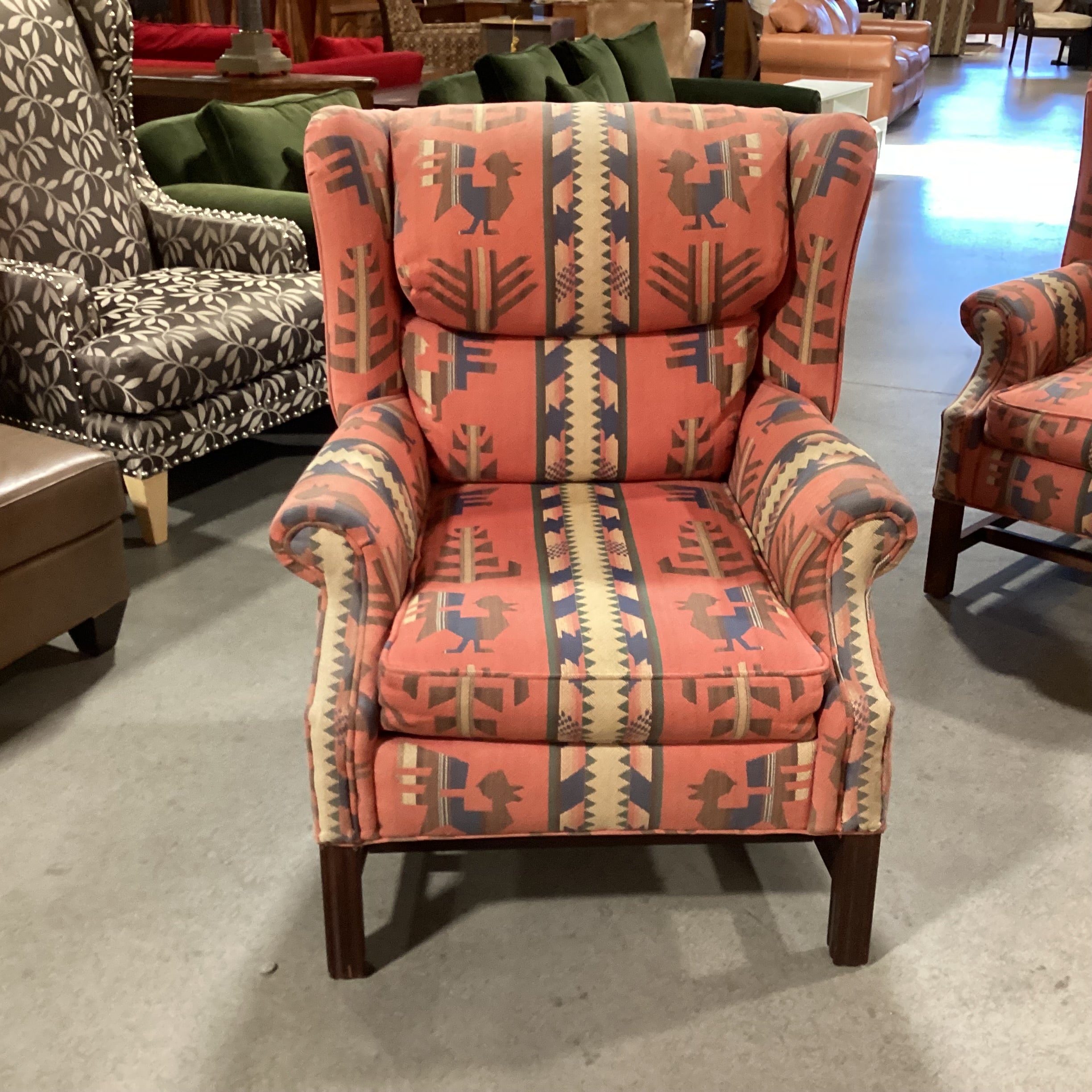 Red & Blue Southwest Woven & Wood Base Wing Chair 34"x 36"x 41"