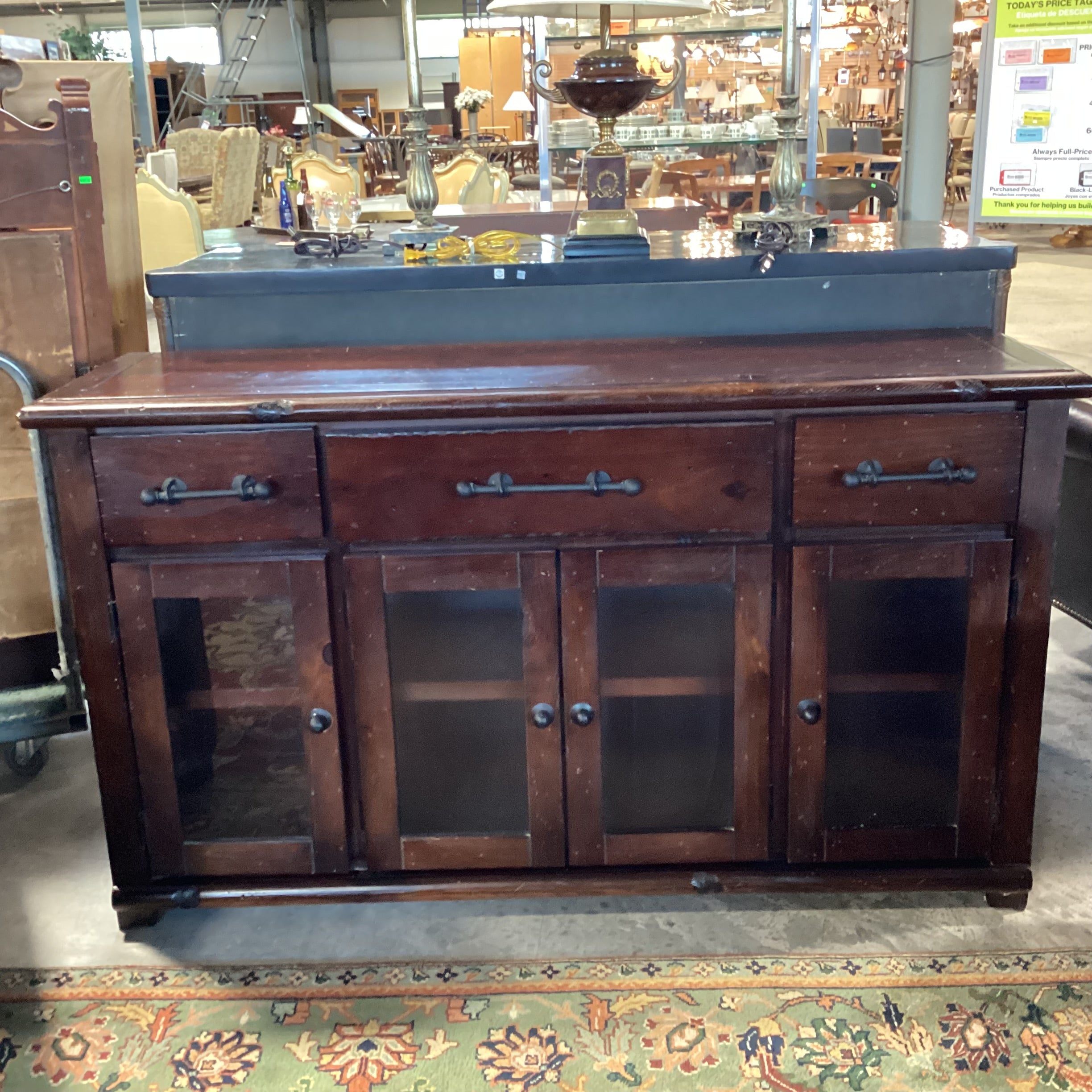 Dark Distressed Wood 4 Door 3 Drawer Rustic Console Credenza 61"x 17.5"x 35"