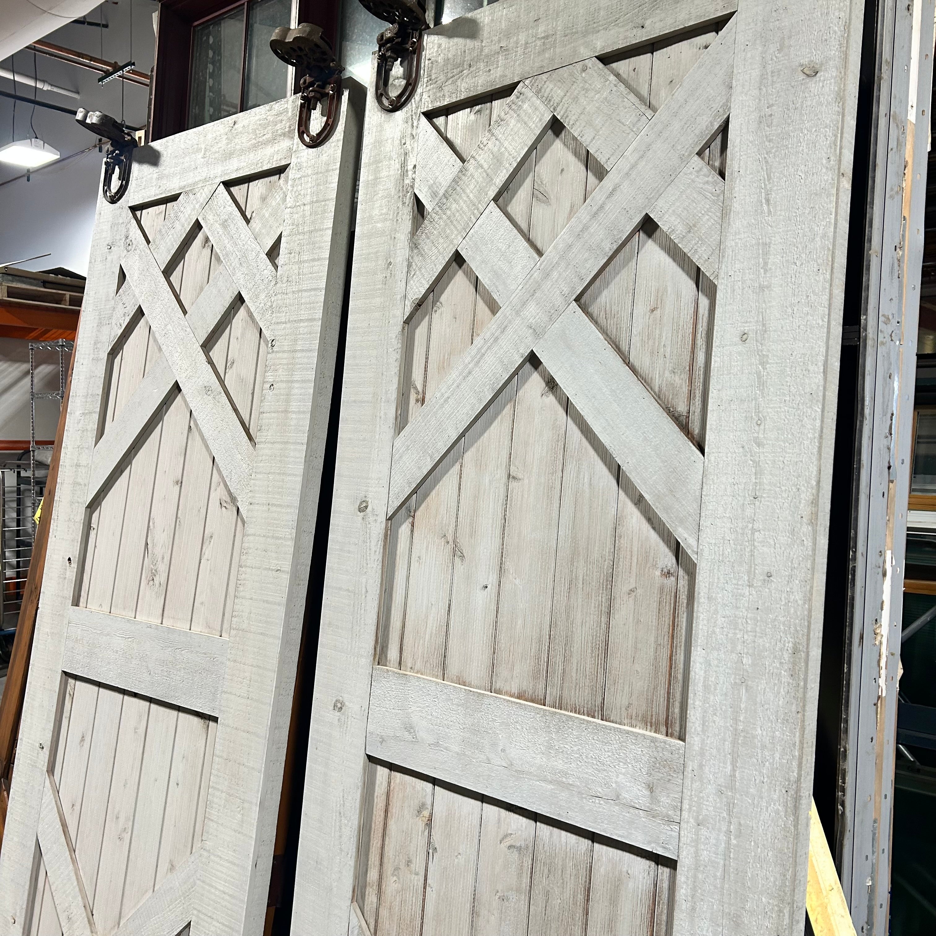 36"x 95.5"x 2" Grey Wash Barn Door PAIR with Kris/Cross Decor and Antique Trolley Hardware
