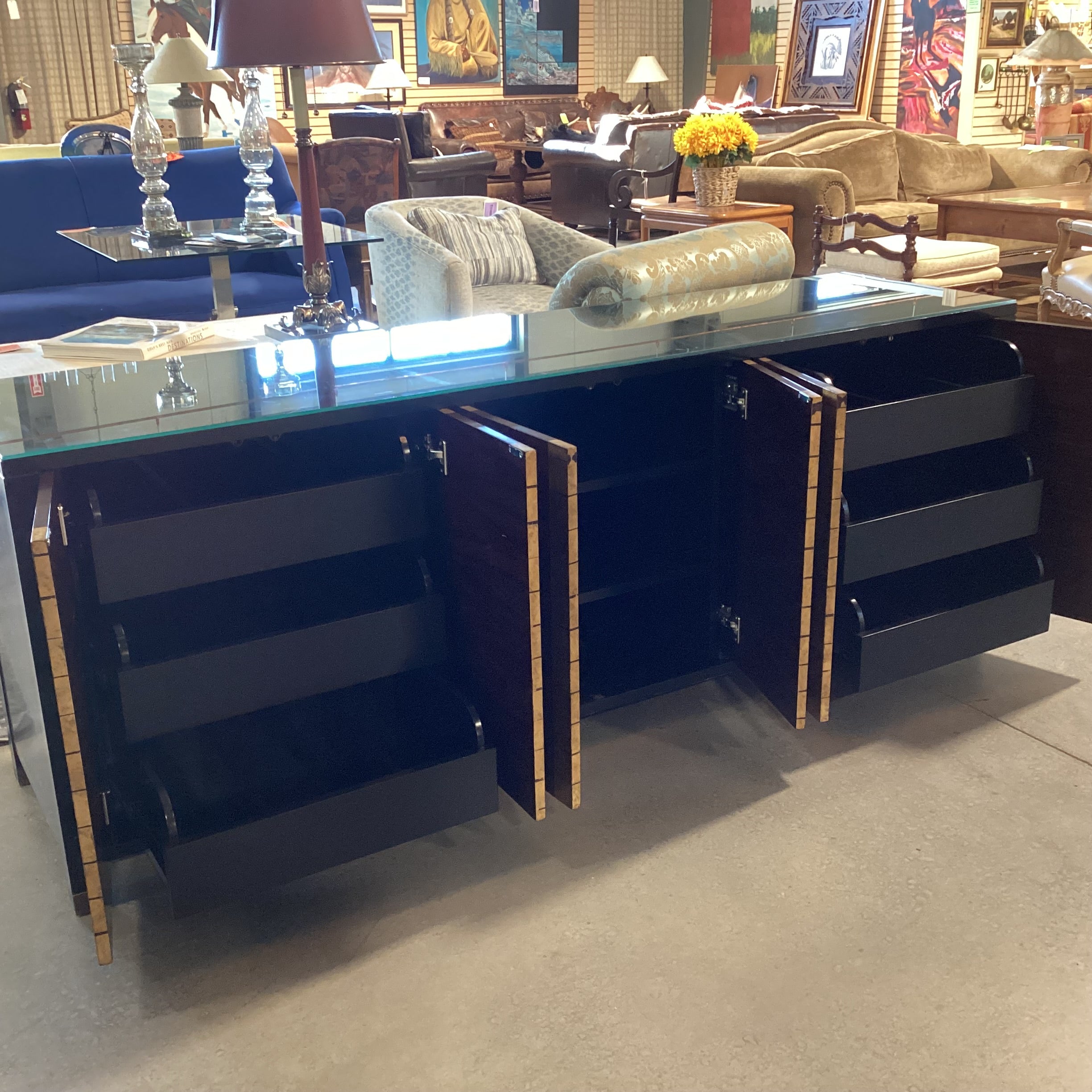 Bolier & Co Vintage Black Lacquer Dark Finished Wood Veneer & Gold Gilt 4 Door 6 Drawer & Shelves Credenza 82"x 21"x 30.5"