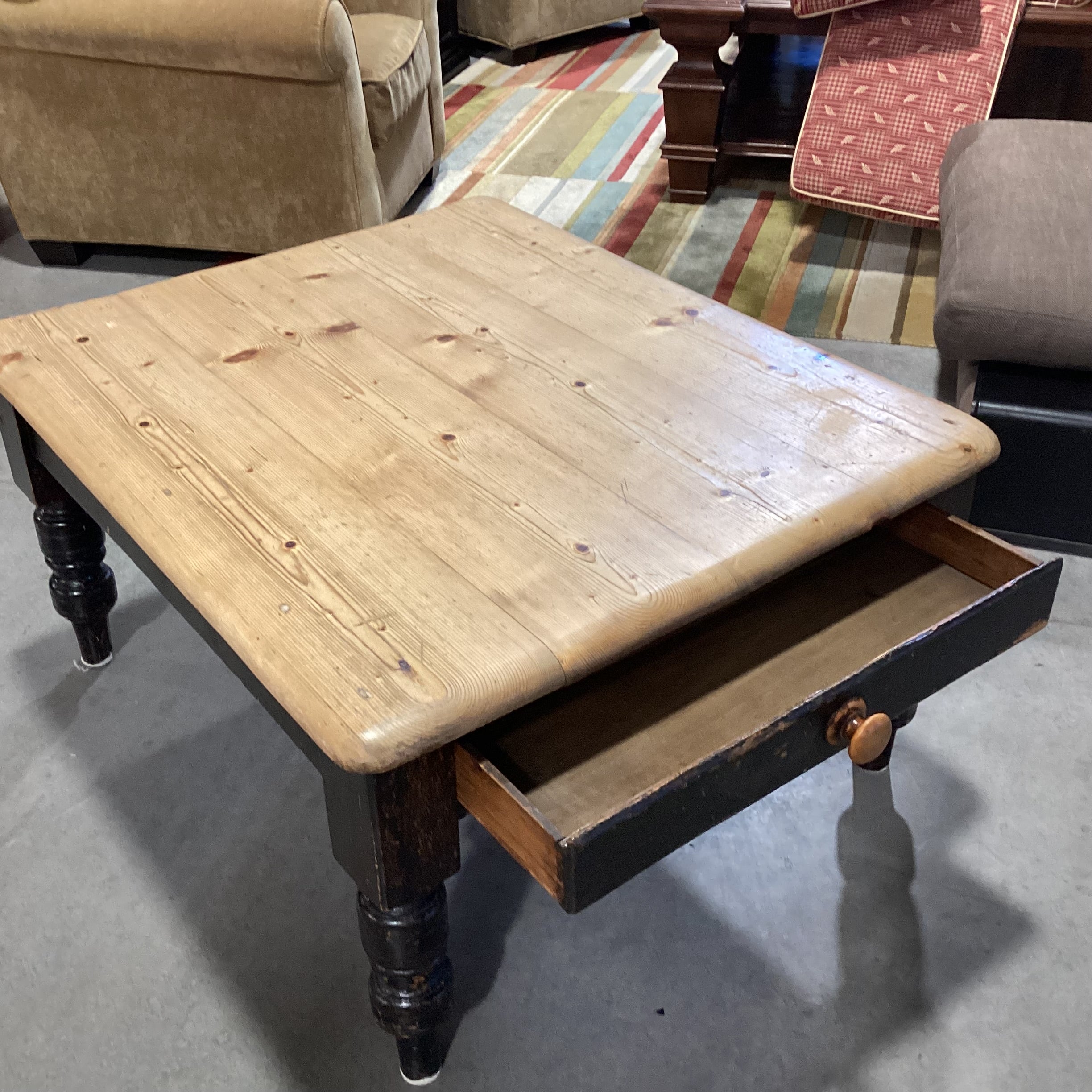 Natural & Black Distressed Pine 1 Drawer Coffee Table 42.5"x 35"x 21.5"
