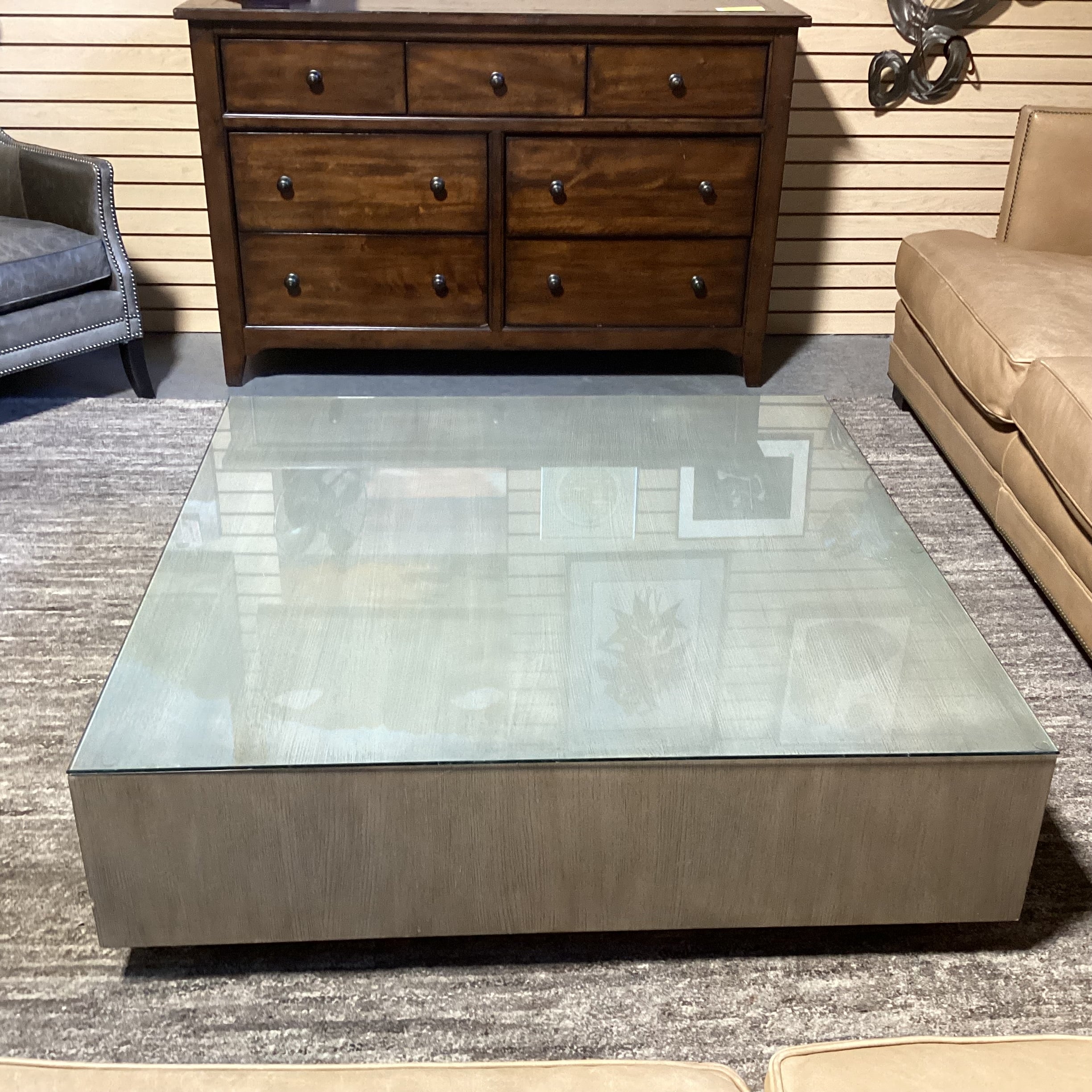 Modern Grey Sage Finished Oak & Glass Top Coffee Table 48"x 48"x 14.5"