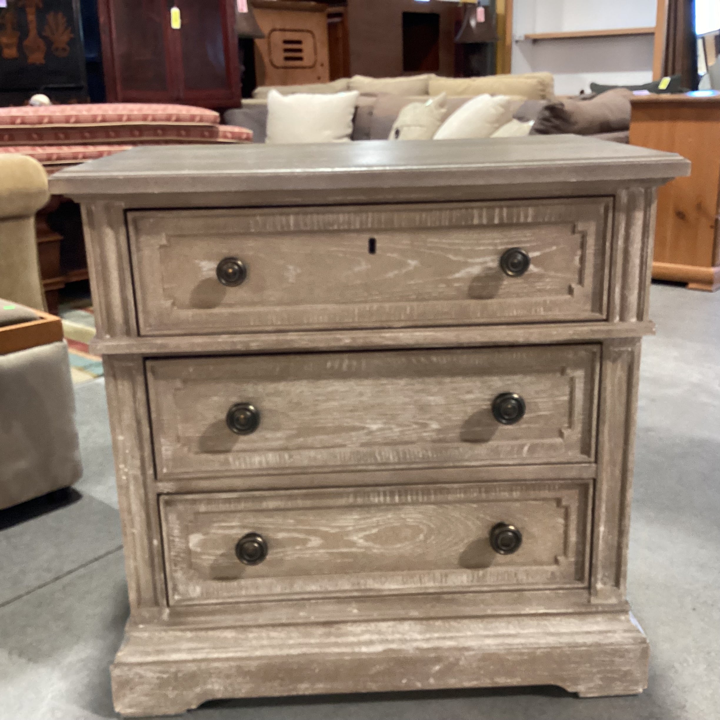 Stanley Furniture Wethersfeld Grey Washed Wood with Carved Detail 3 Drawer Nightstand 29.5"x 19"x 30"