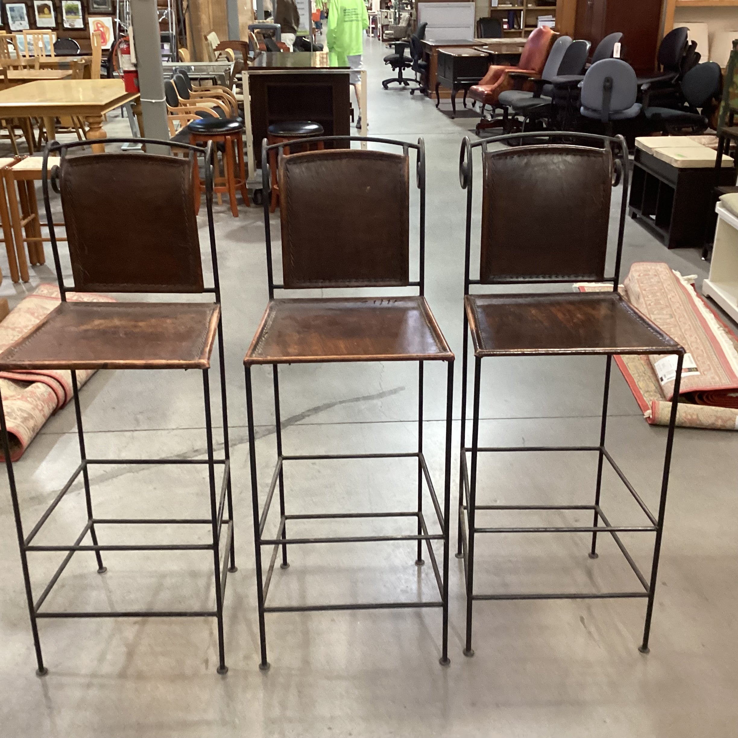 SET of 3 Iron & Distressed Leather Barstools 30.5"
