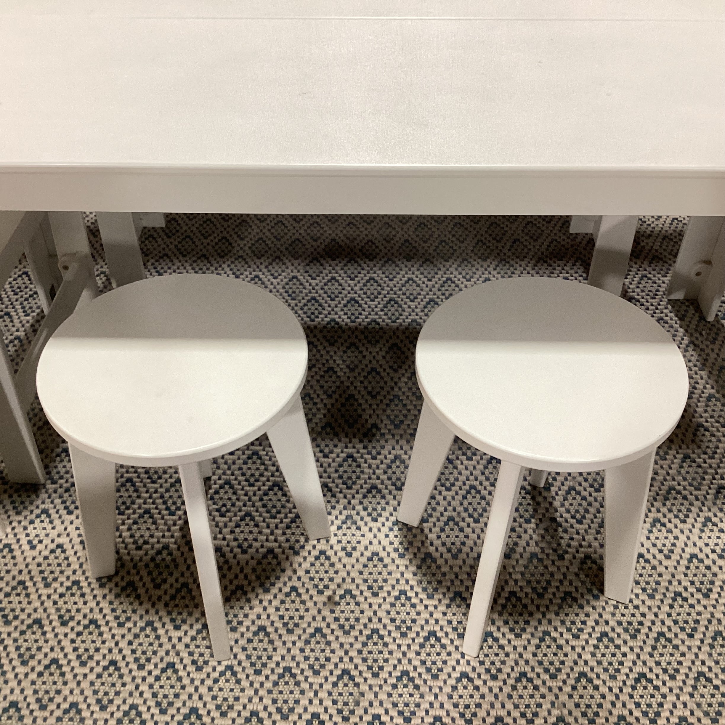 lOll White High Density Plastic Table with 2 Chairs 2 Stools 1 Bench Dining Set 62"x 30"x 30"