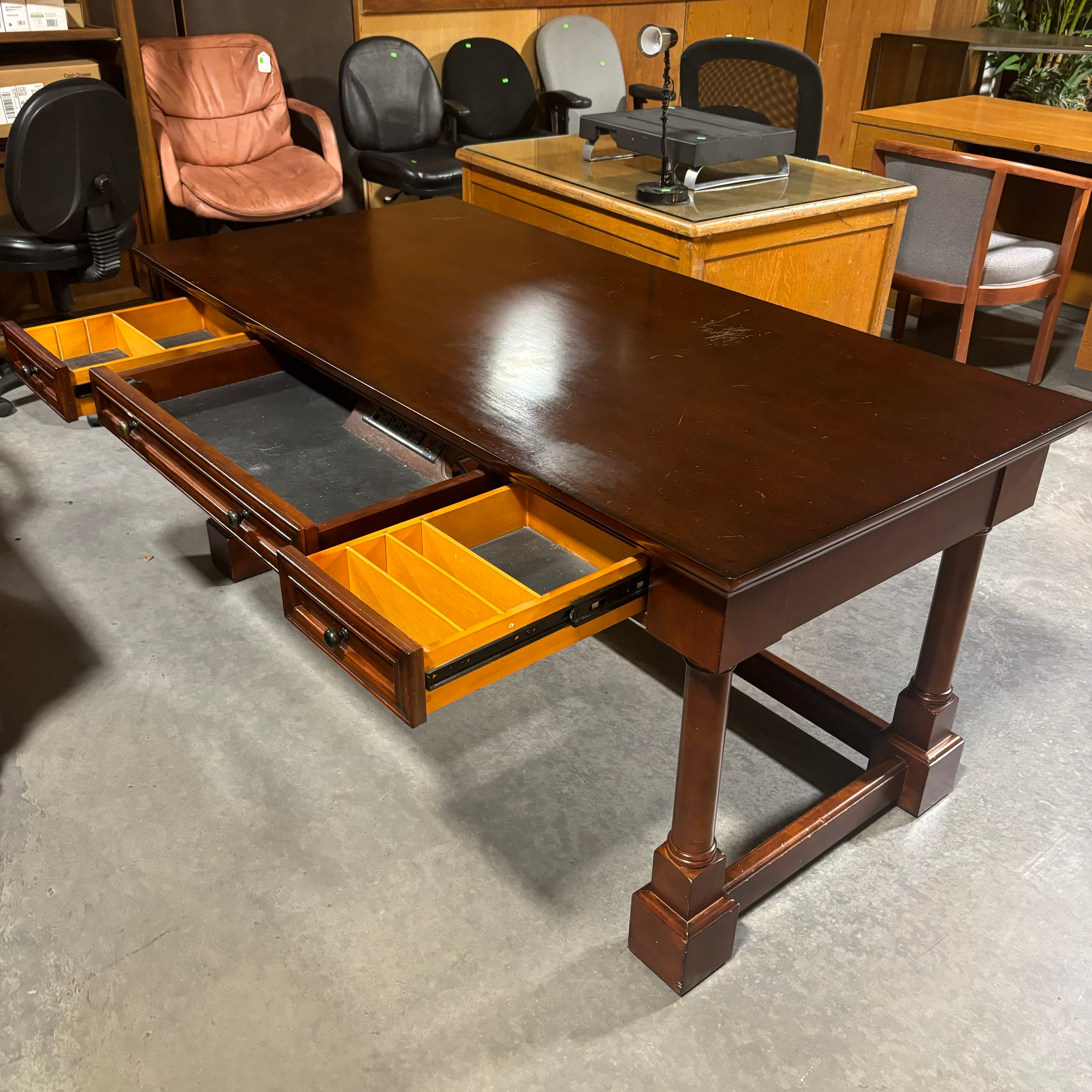 Ornate Carved Dark Finish Wood 3 Drawer with Trestle Desk 66"x 32"x 30"