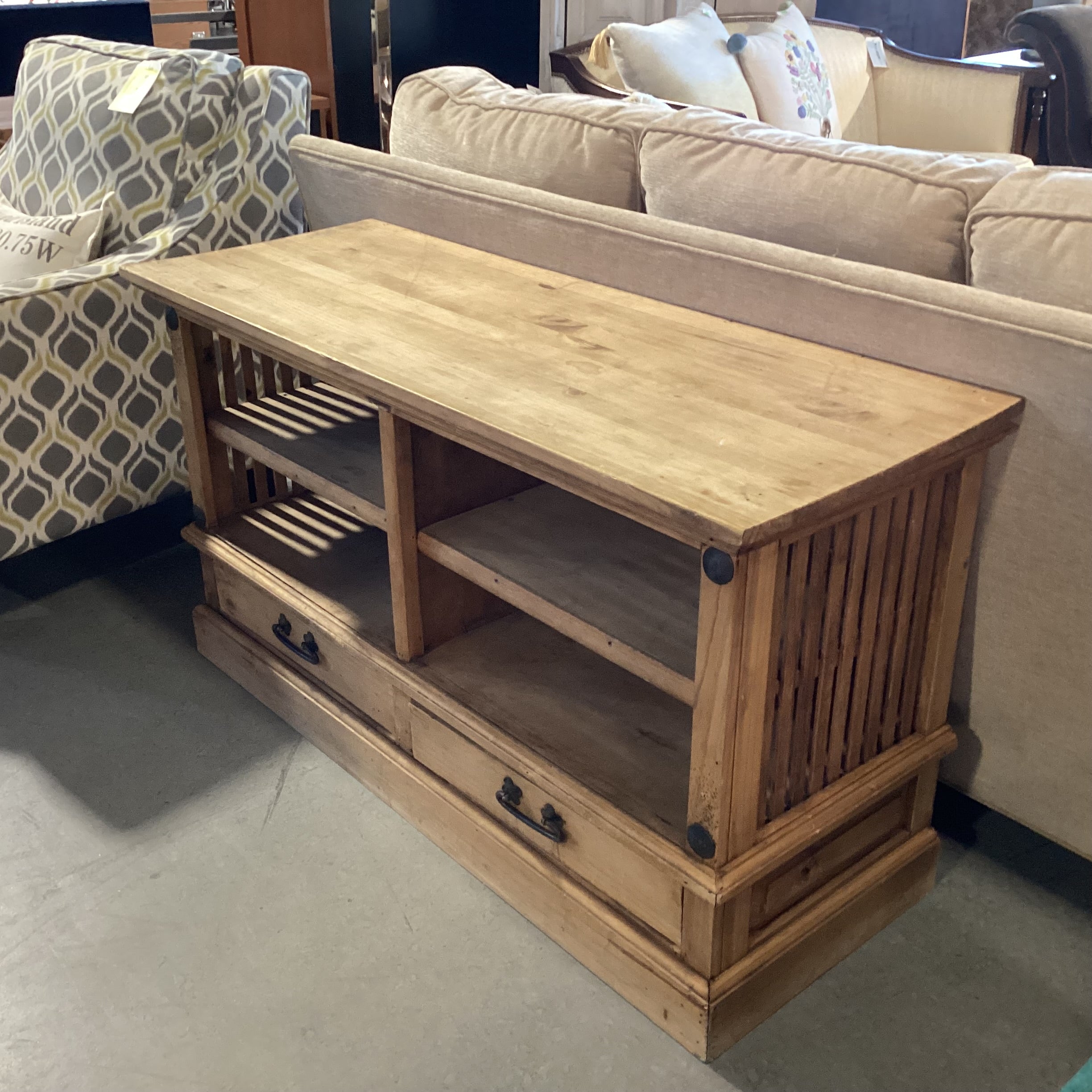 Rustic Natural Pine 2 Drawer with Shelves Console 48"x 18"x 26.5"
