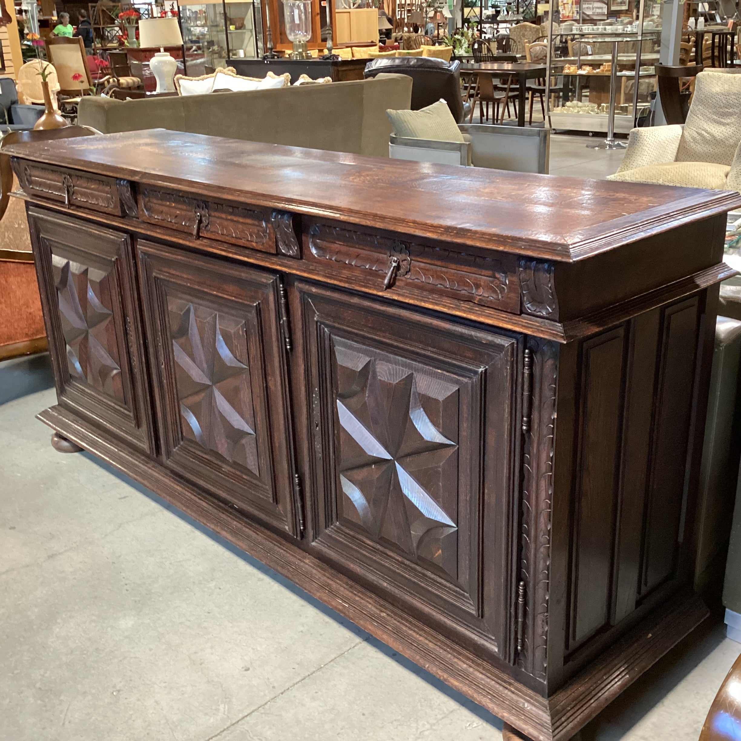Antique Solid Carved Finished Oak 3 Drawer 3 Door Credenza 83"x 22"x 39"