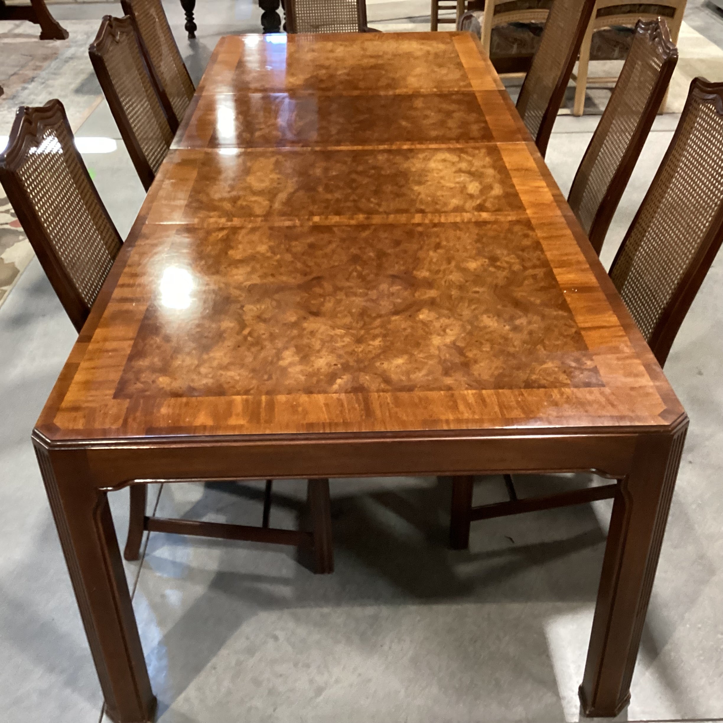 White Furniture Finished Wood & Burl Wood Veneer 2 Leaves Table with 8 Caned Chairs Dining Set 68" to 110"x 43"x 29.5"