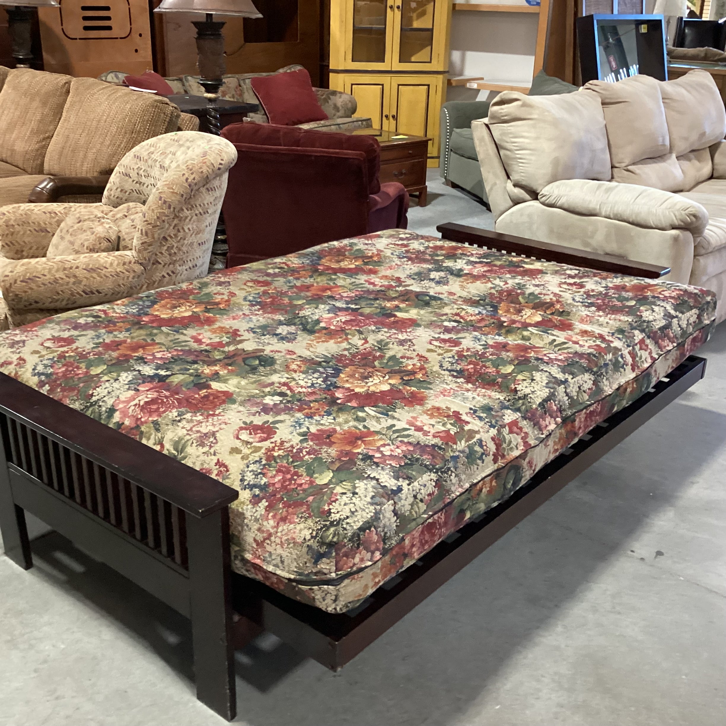 Dark Wood Frame & Red Green Floral Cushion Futon Sofa 81"x 46" to 55"x 33"