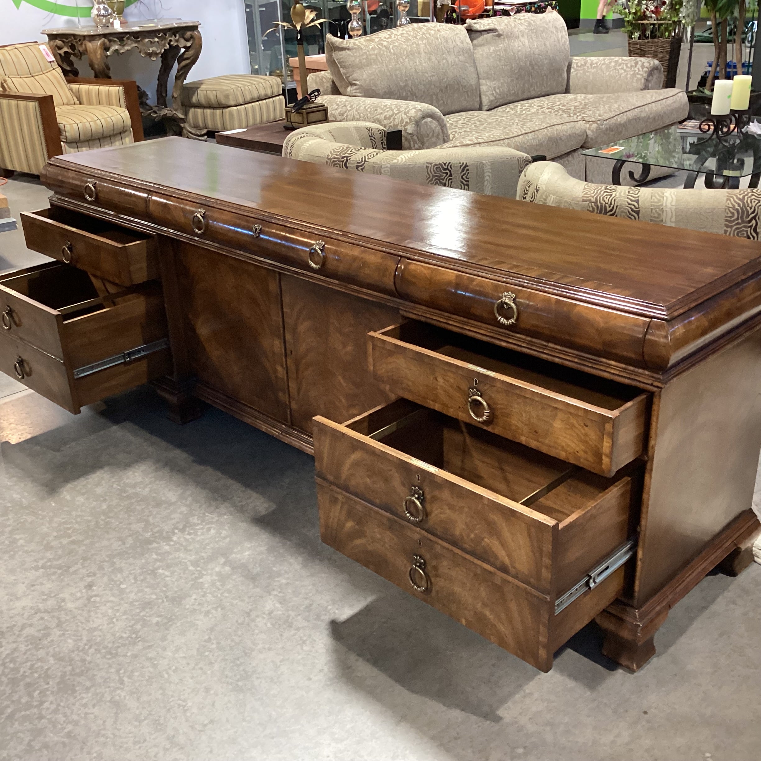 Alfonso Marina Ebanista Delaware Antiqued Primavera Wood & Brass 7 Drawer 2 Door Credenza 91.5"x 21"x 30.5"