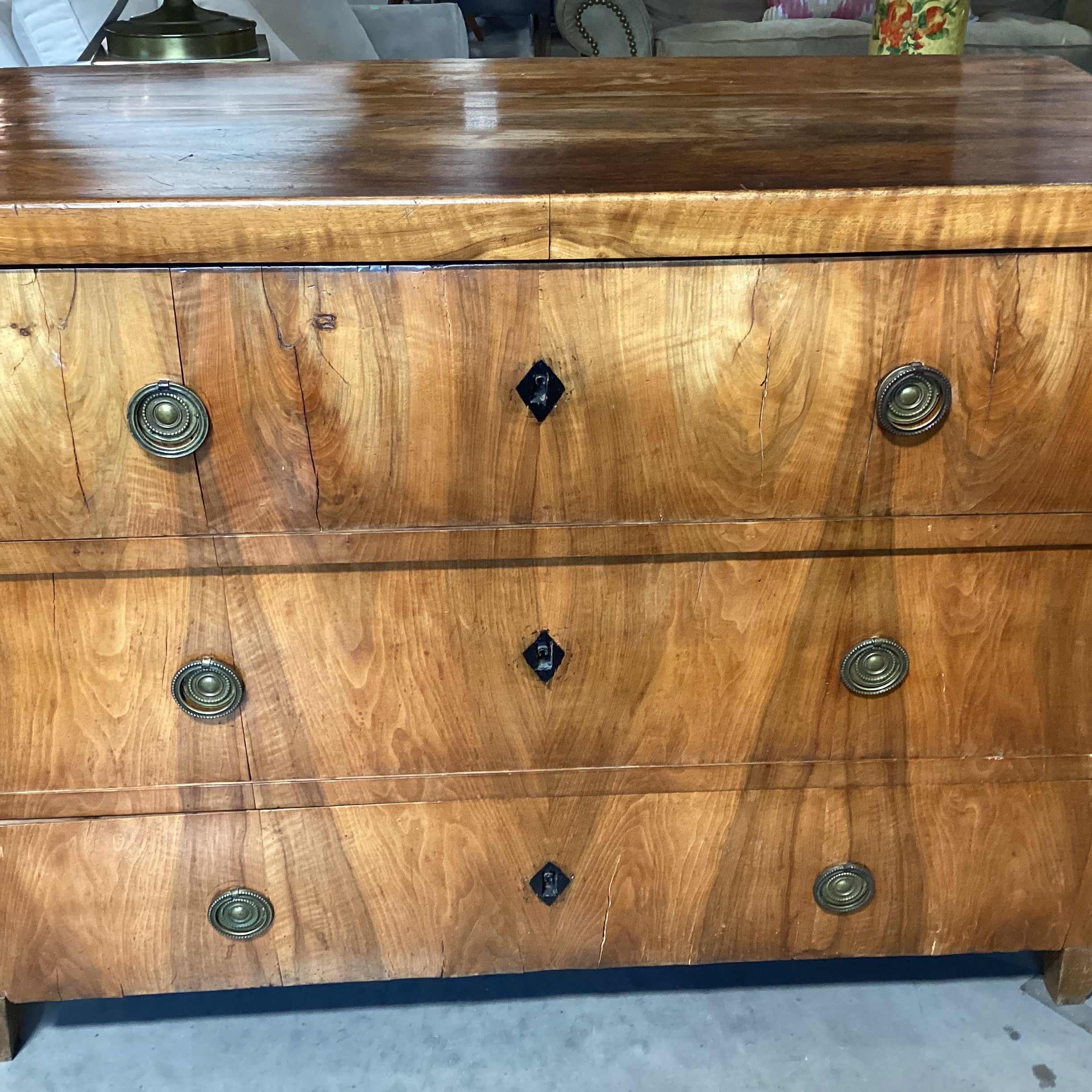 Antique Wood & Veneer 3 Drawer Keyhole Accent Chest 48.5"x 23"x 35.5"